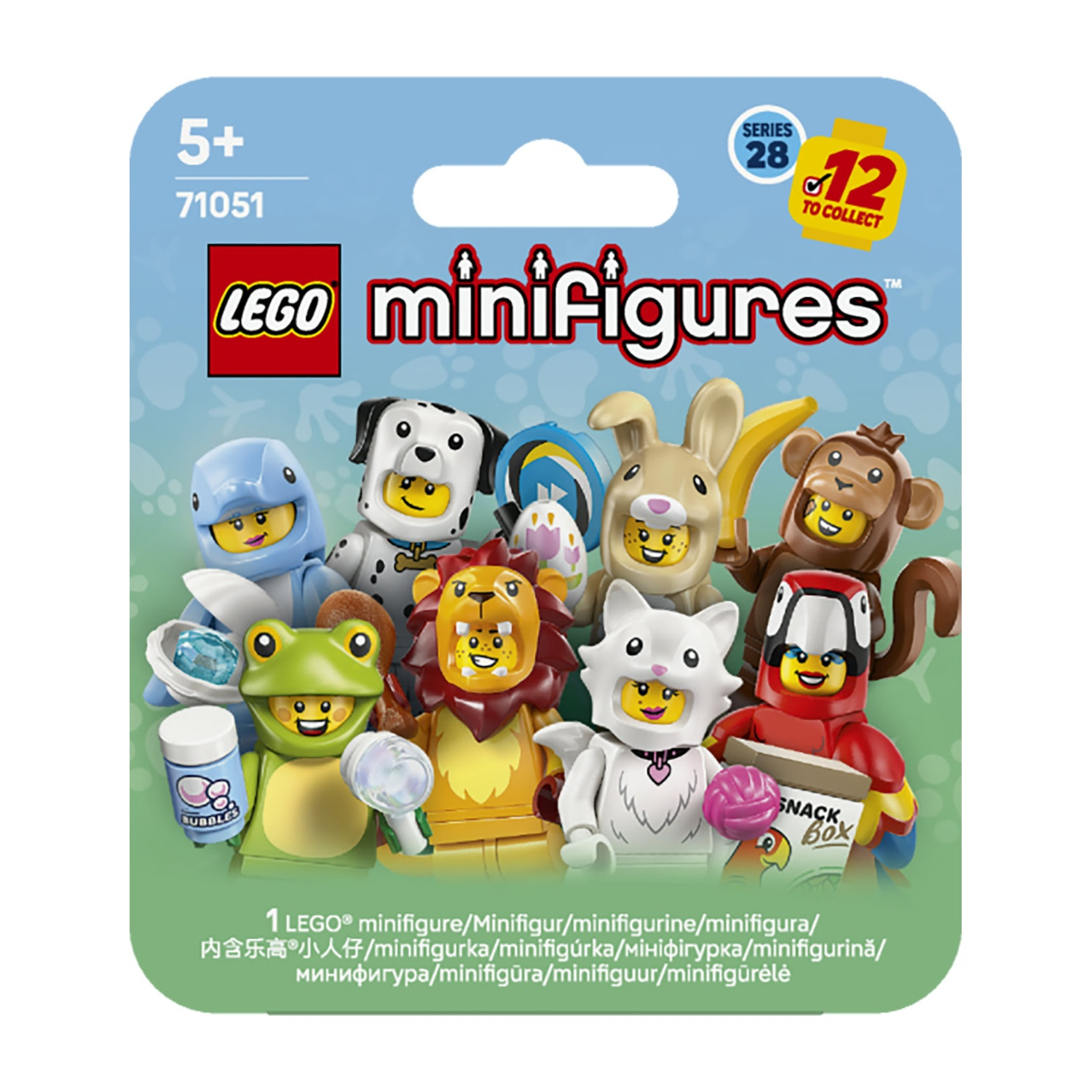 Lego Minifigures Serie 28. Presenta varie figure come un cane, coniglio, scimmia, leone, gatto, rana e altri, su sfondo blu e verde.