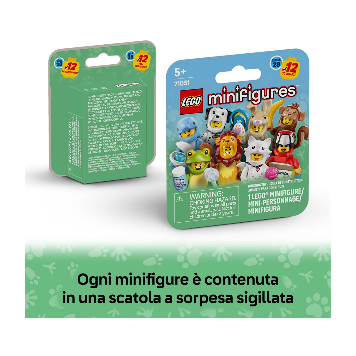 Una confezione Lego Minifigures con vari personaggi a tema animale. La scatola dice 'Serie 28, 12 da collezionare'.