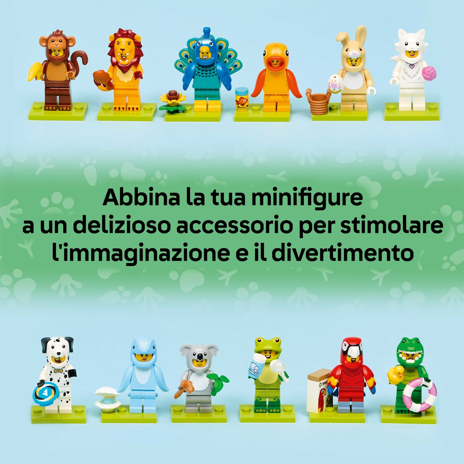 Sono esposte figurine Lego colorate di animali e personaggi. Il testo in italiano dice: 'Abbina la tua minifigure a un delizioso accessorio'.
