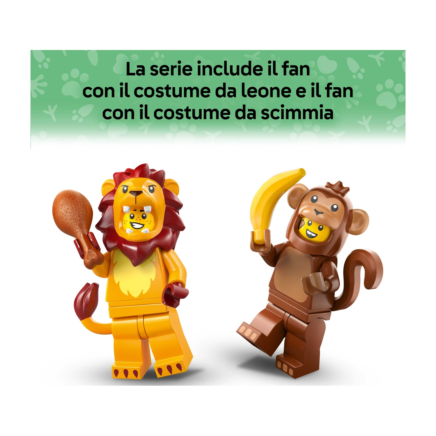 Due personaggi Lego: un leone con una coscia di pollo e una scimmia con una banana. Il testo dice che la serie li include.