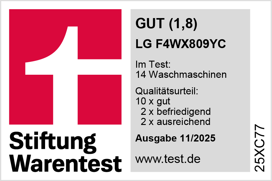 Das Bild zeigt ein rot-weißes Logo mit Text und eine Bewertung eines Waschmaschinenmodells. Die Bewertung lautet 'GUT (1,8)'.