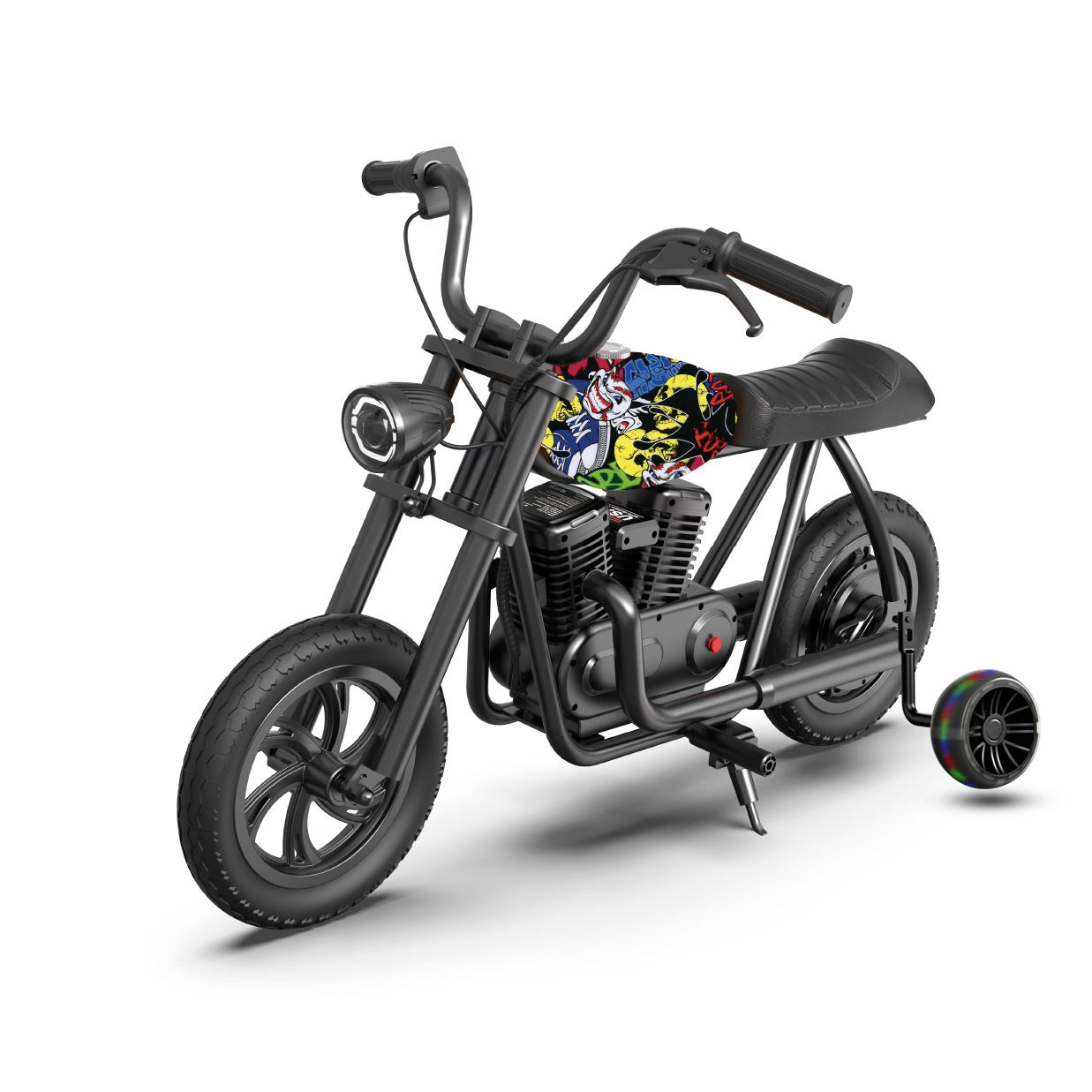 Siyah oyuncak motosiklet, denge tekerlekli. Koltuğunda renkli bir tasarım var. Arka plan beyaz.