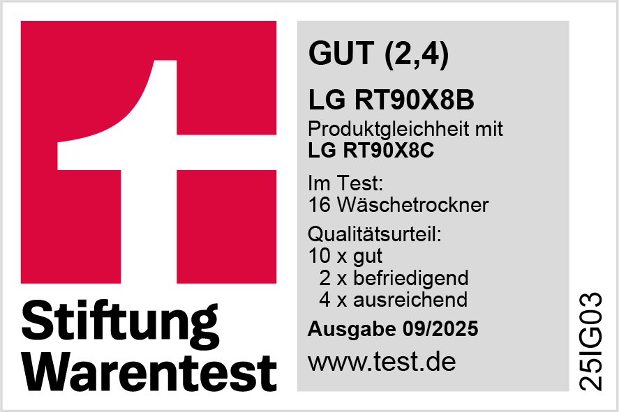 Das Bild zeigt ein rot-weißes Logo mit Text, der ein Testergebnis von 'GUT (2,4)' für LG RT90X8B anzeigt.