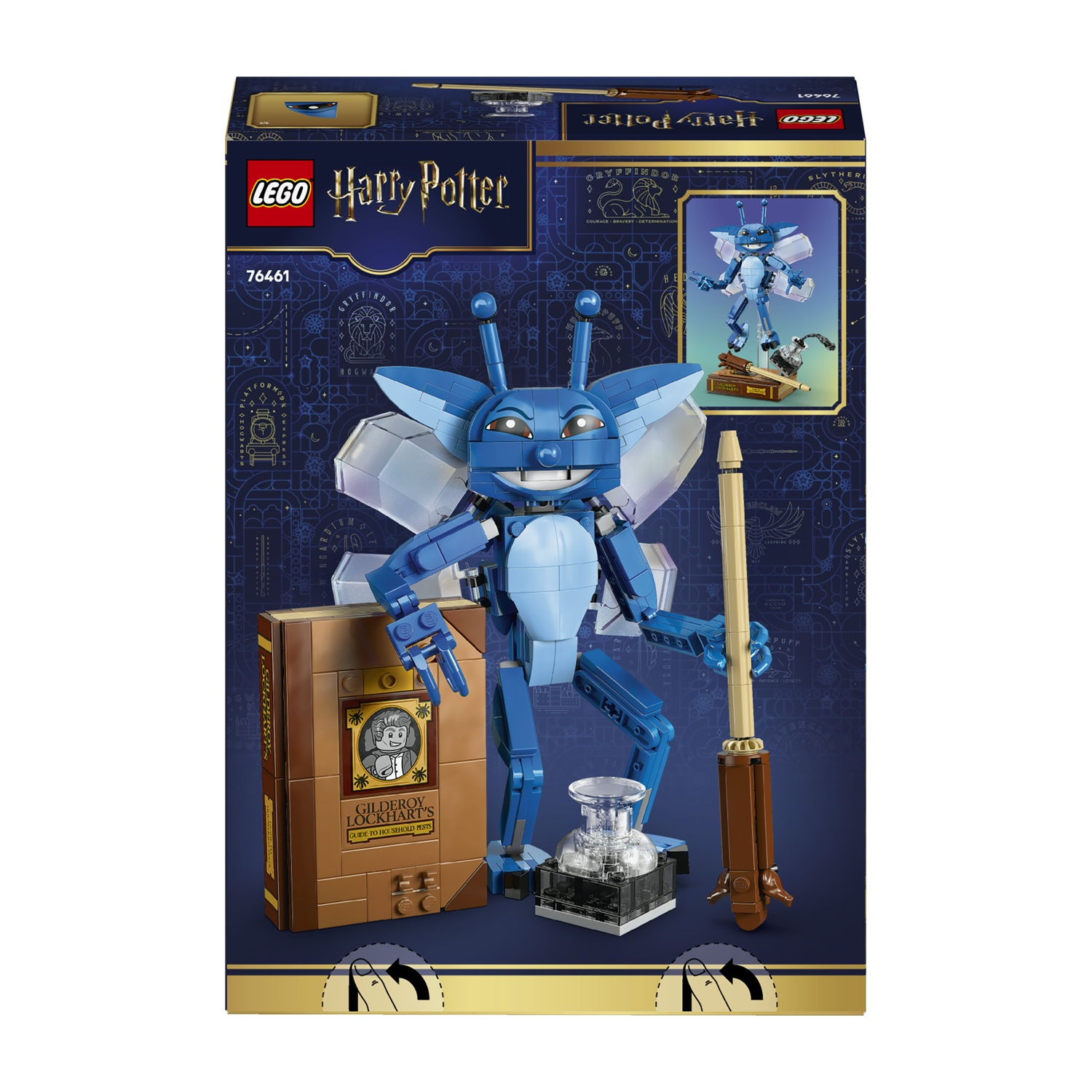 Una scatola Lego mostra una creatura blu con una bacchetta e un libro. Lo sfondo è blu scuro con grafica di Harry Potter.
