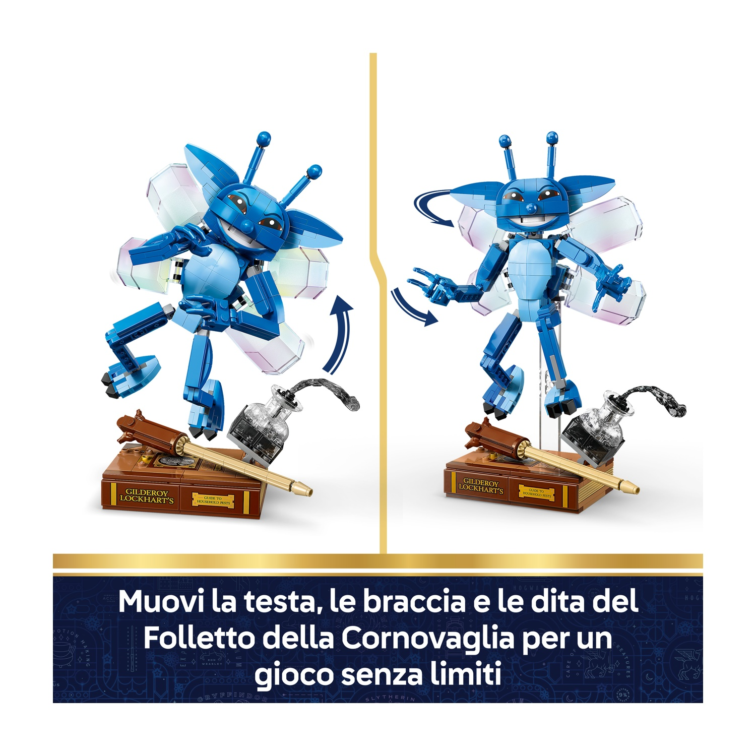 Due personaggi Lego di folletti della Cornovaglia con parti mobili. Sono su una base con penna, calamaio e libro. Testo: muovi testa, braccia e dita.