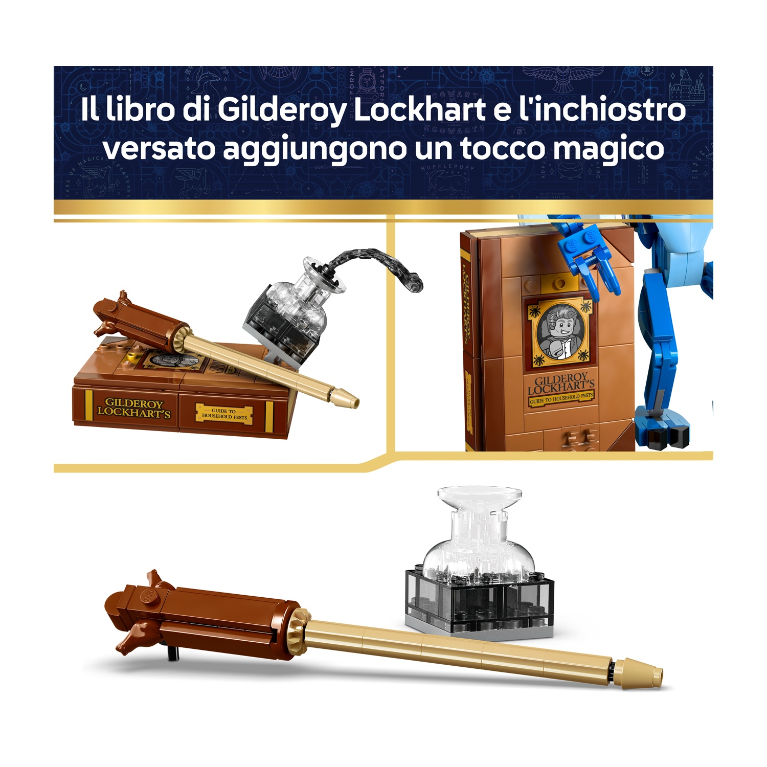 L'immagine presenta pezzi del set LEGO: un libro, un calamaio e una penna. Il testo recita 'Guida di Gilderoy Lockhart ai parassiti domestici'.