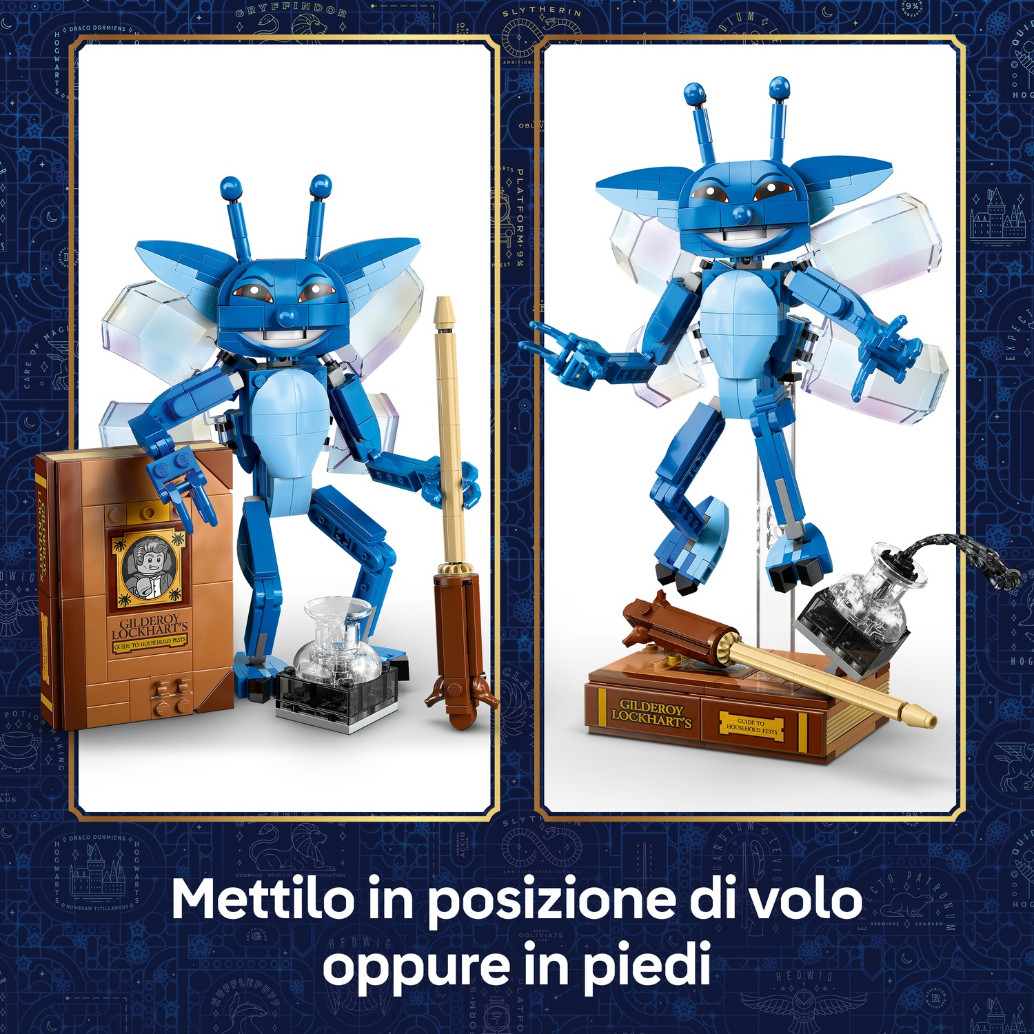 Due creature Lego blu, una con un libro e l'altra con penna e inchiostro, su sfondo blu scuro con testo.