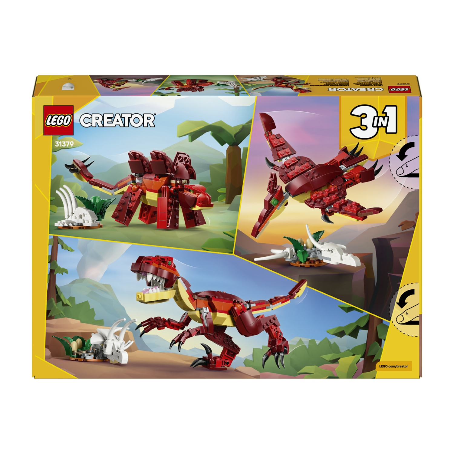 Scatola LEGO Creator 3-in-1 con modelli di dinosauri. Presenta un T-Rex rosso, un pterodattilo e un Triceratopo con struttura ossea bianca.