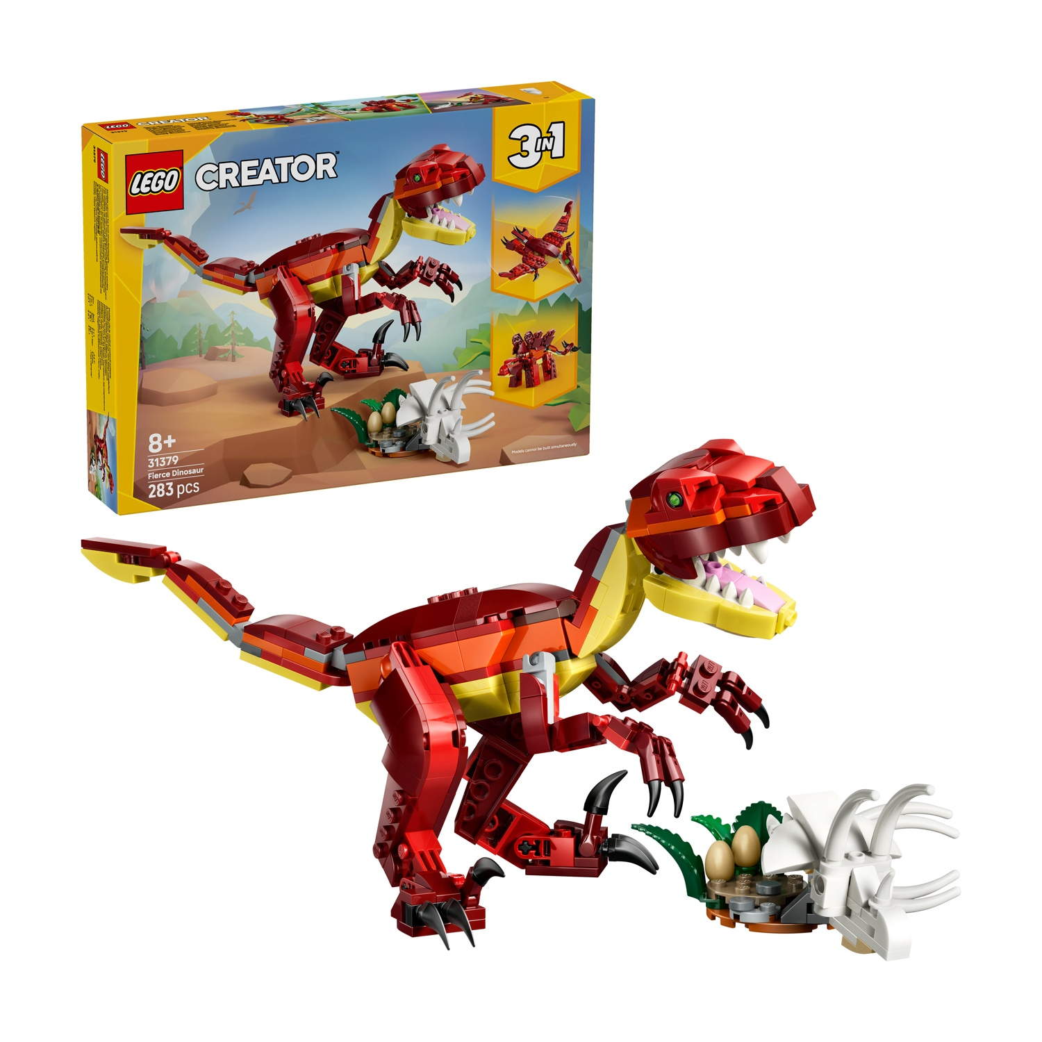 Una scatola Lego Creator 3 in 1 e un modello di dinosauro. Il dinosauro è rosso, giallo e arancione, con un accessorio bianco e verde.
