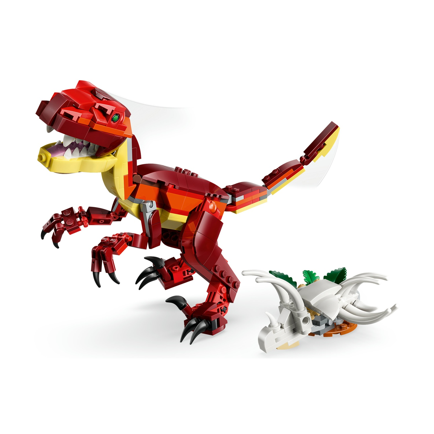 Un dinosauro Lego è raffigurato in rosso, giallo e arancione. Accanto, un dinosauro Lego bianco più piccolo con foglie verdi.