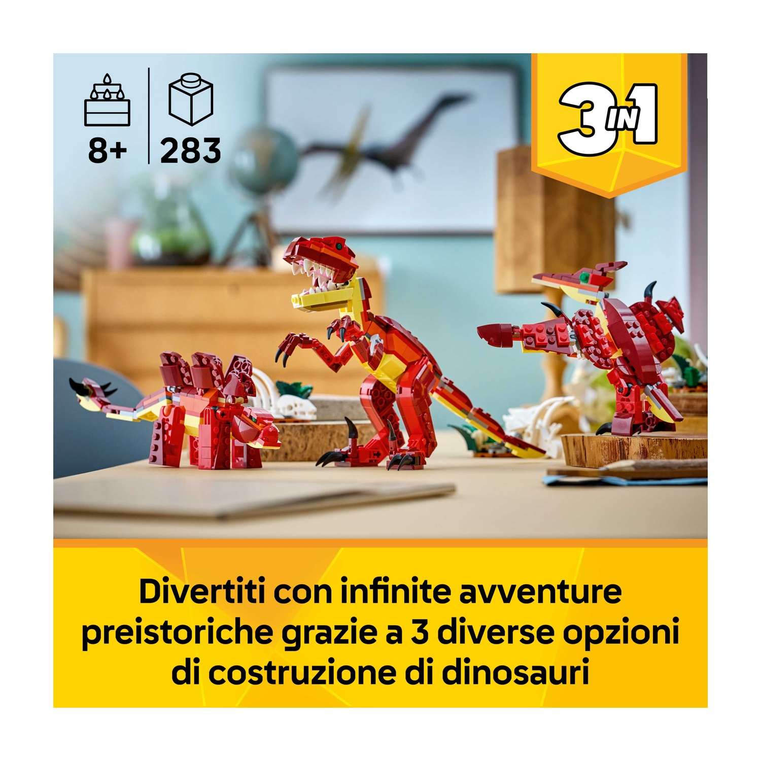 L'immagine mostra tre dinosauri Lego. Un T-Rex giallo e rosso, un Pterodattilo rosso e uno Stegosauro rosso. Testo: 'Divertiti con infinite avventure'.