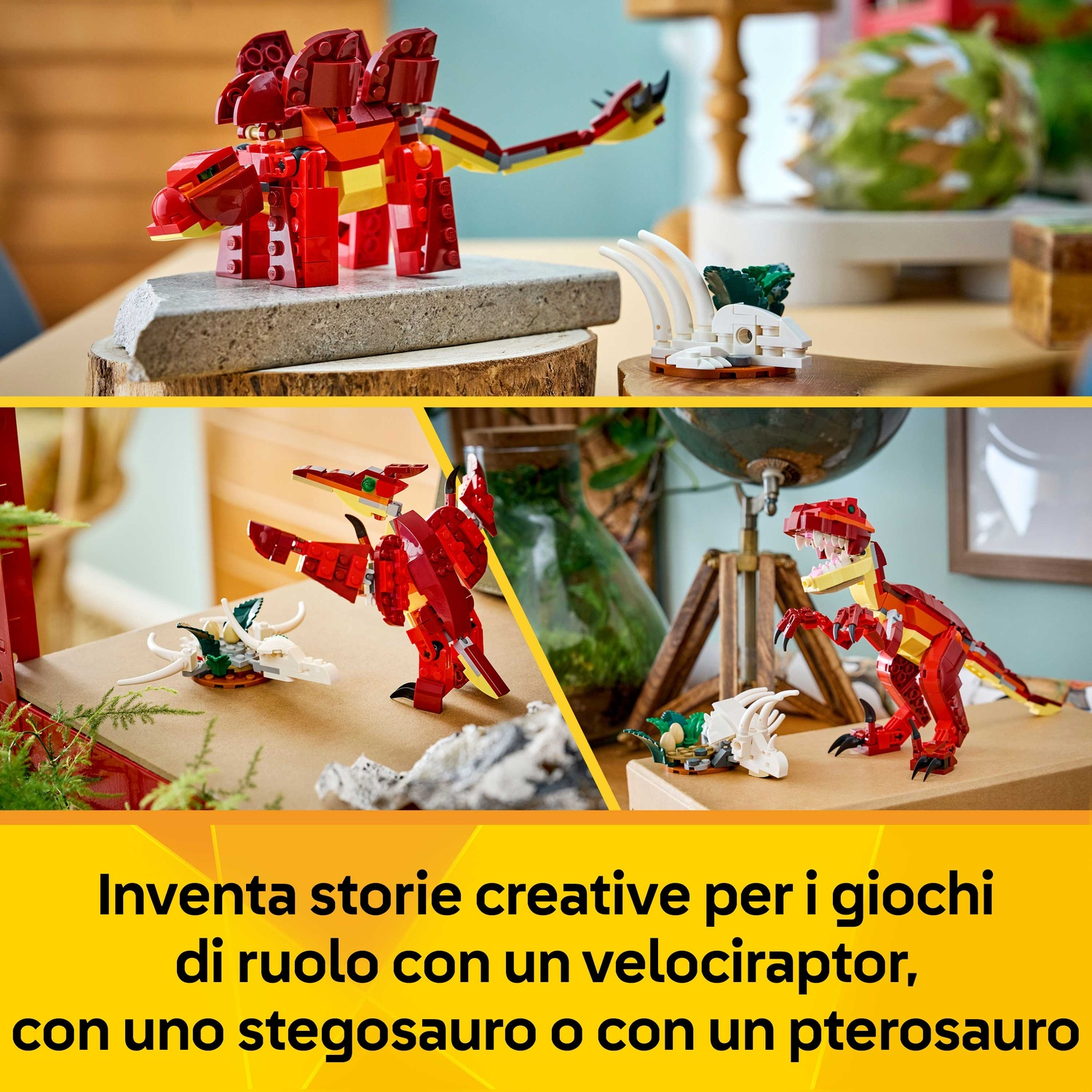 L'immagine presenta dinosauri LEGO: stegosauro, velociraptor e pterosauro. Sono rossi, gialli e bianchi. Lo sfondo include un globo e legno.