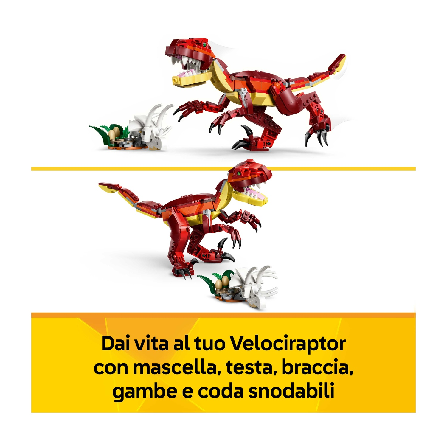 Due modelli Lego Velociraptor, rossi e gialli, con un teschio bianco e un nido. Il testo recita: 'Dai vita al tuo Velociraptor'.