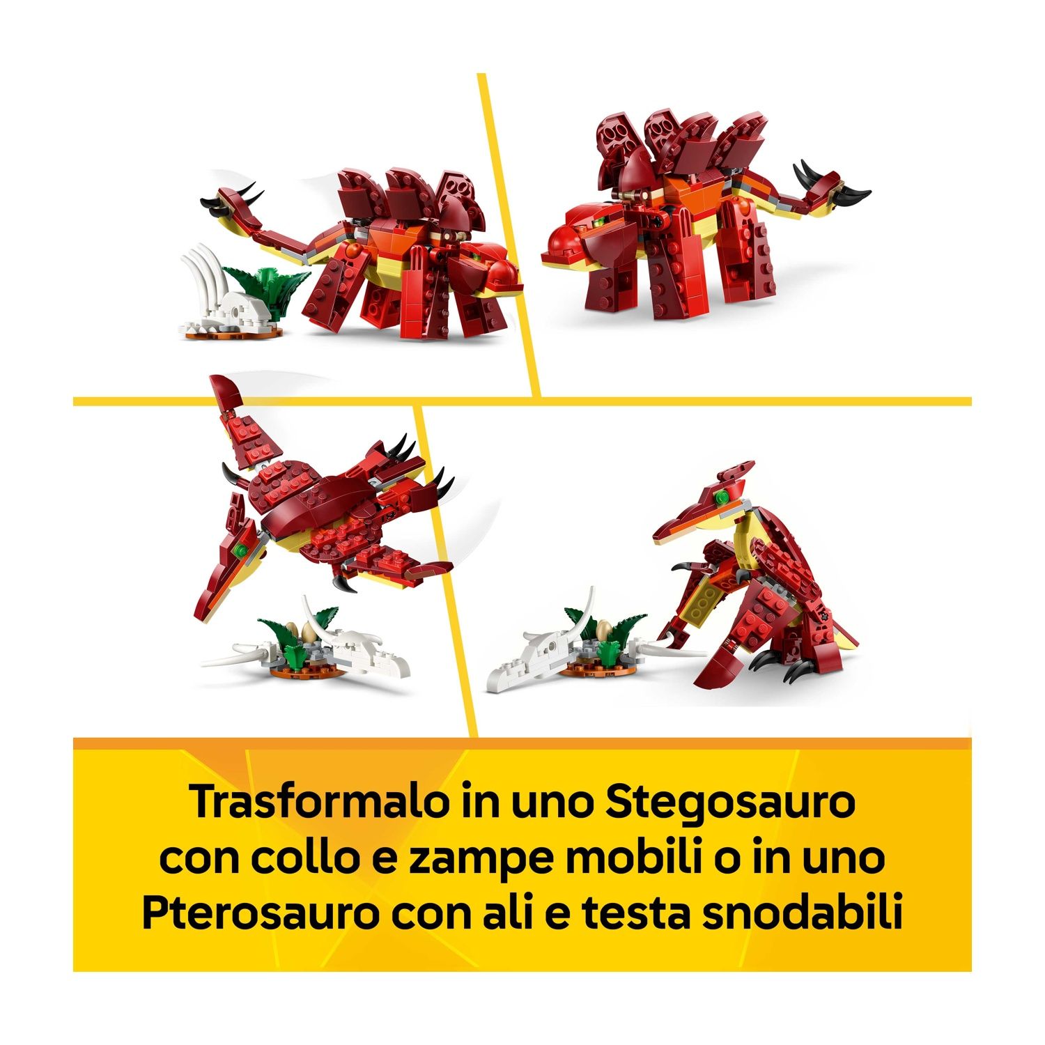 Quattro immagini di dinosauri LEGO rossi, tra cui uno stegosauro e un pterosauro, con piccole piante.