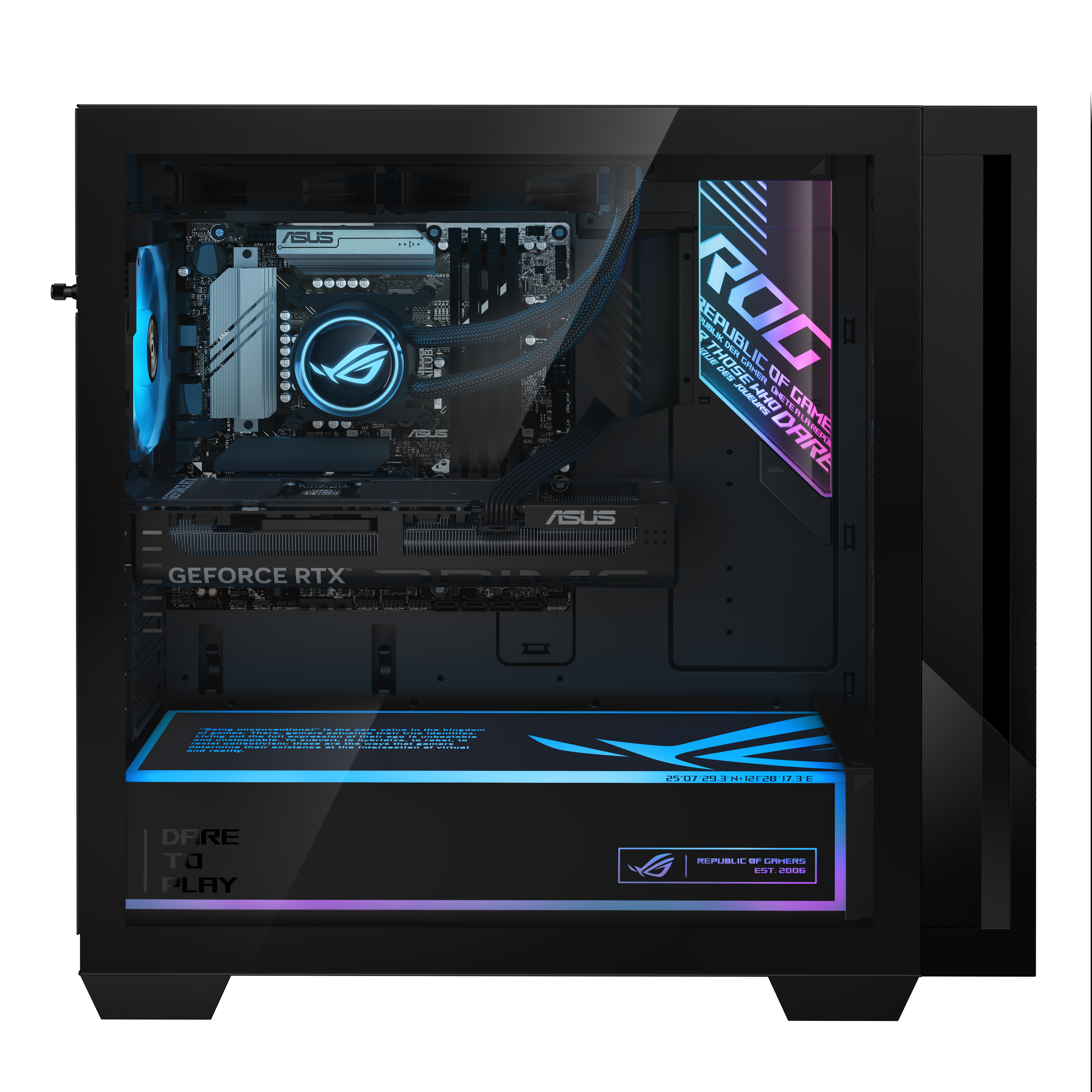 ASUS ve ROG markalı, anakart, GPU ve soğutma fanları gibi iç bileşenleri sergileyen bir bilgisayar kasası.