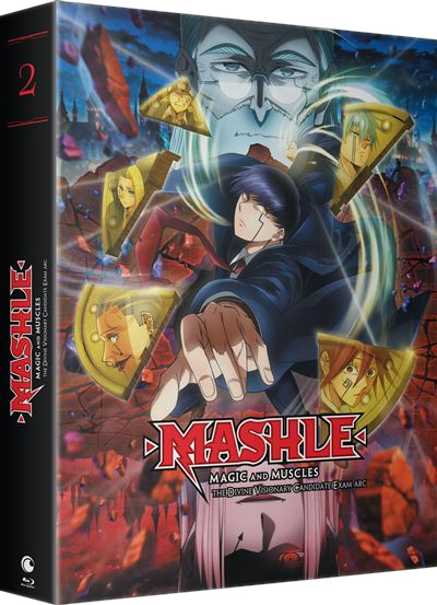 Couverture de DVD d'anime avec un personnage masculin et plusieurs autres dans des cadres dorés. Titre : Mashle: Magic and Muscles.