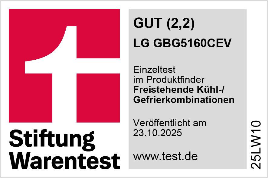 Das Bild zeigt ein rot-weißes Logo mit Text. Es enthält die Worte Stiftung Warentest und Informationen zu einem Kühlschrank.