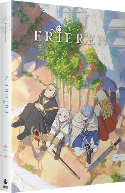 Anime DVD-hoes met de titel 'Frieren'. Het toont personages in fantasy-outfits, een zwaard en een staf. De achtergrond toont natuurelementen.