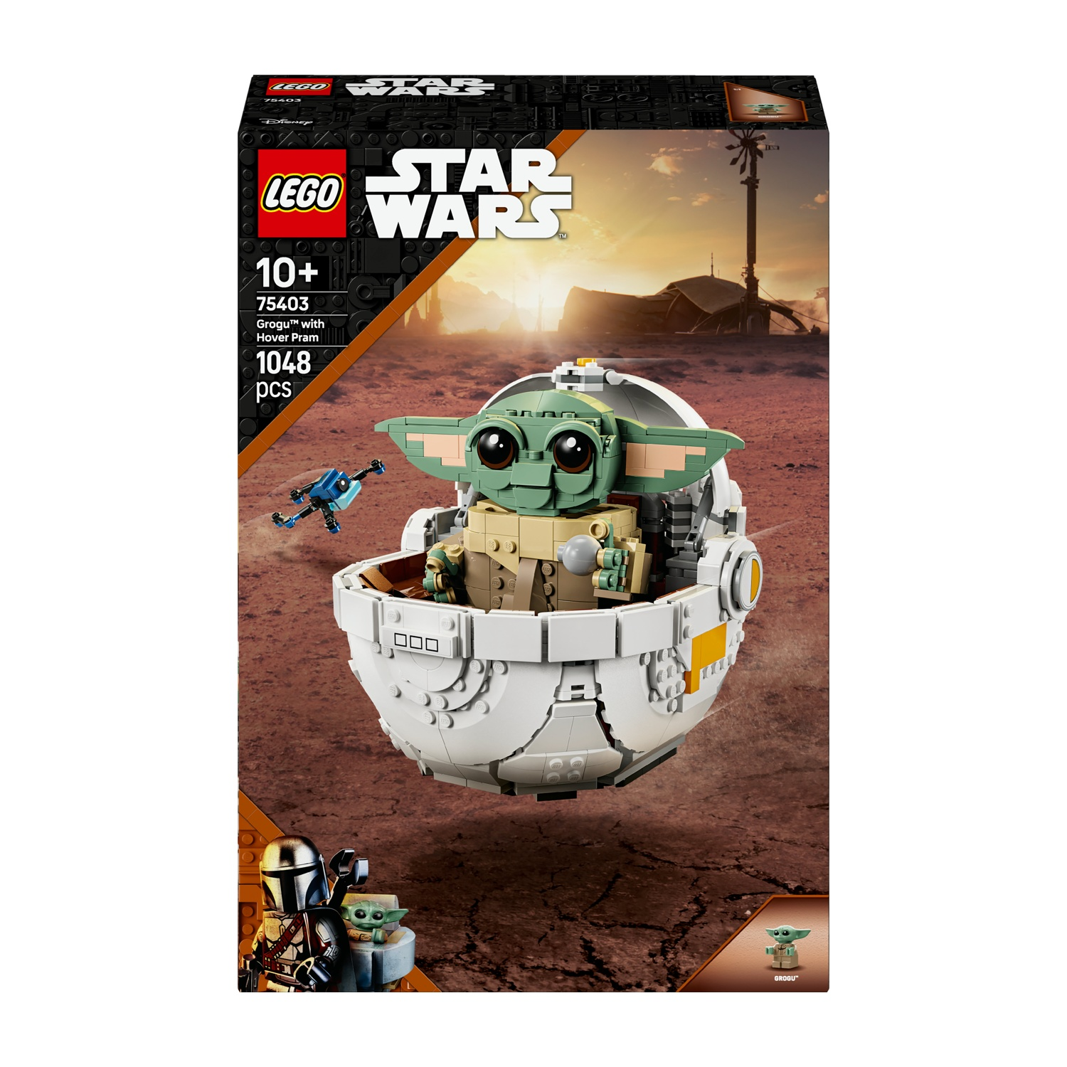 Il set Lego Star Wars presenta Grogu in hover pram. Include le figure di Grogu e del Mandaloriano. Lo sfondo mostra un paesaggio desertico.