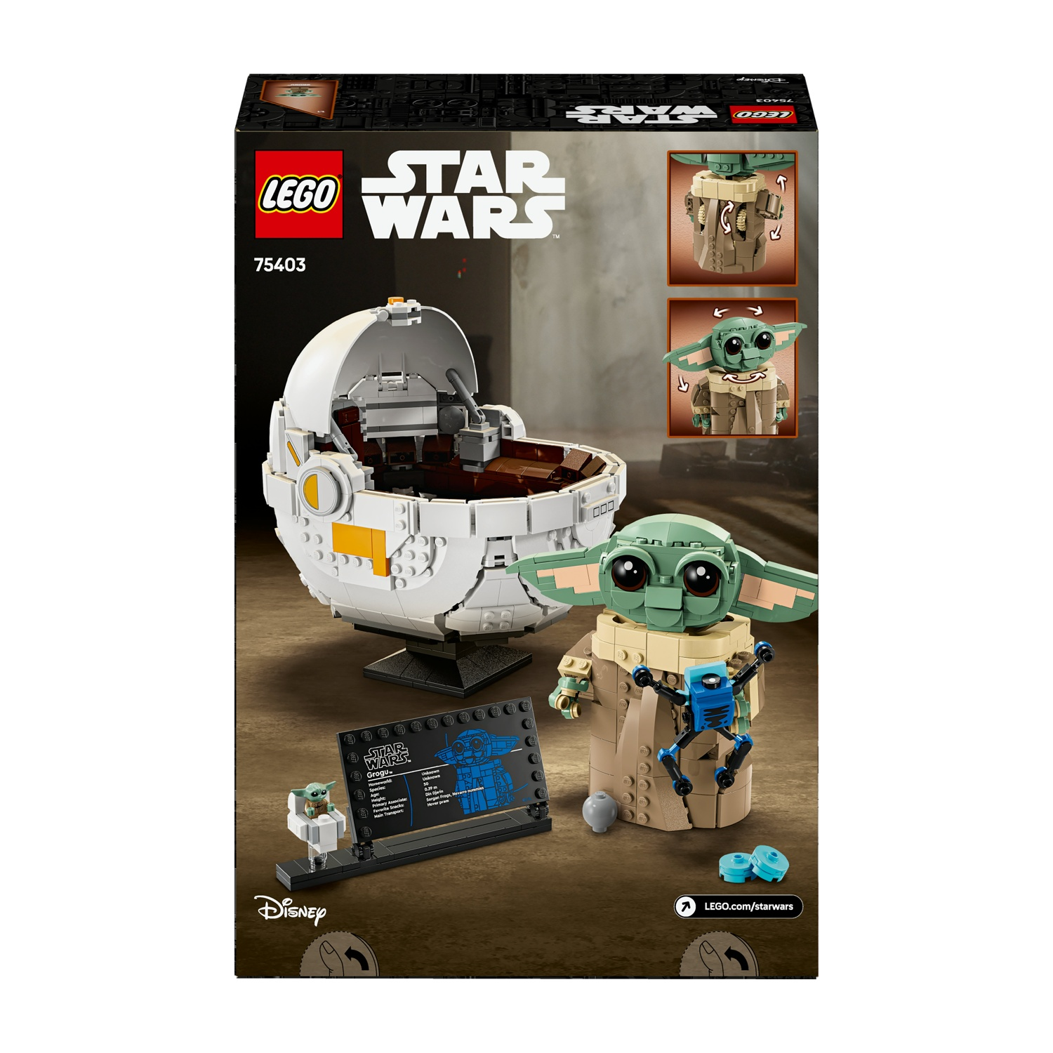 Set Lego Star Wars Grogu. Include Grogu, una capsula e altri pezzi Lego. La scatola ha i loghi Lego e Star Wars.