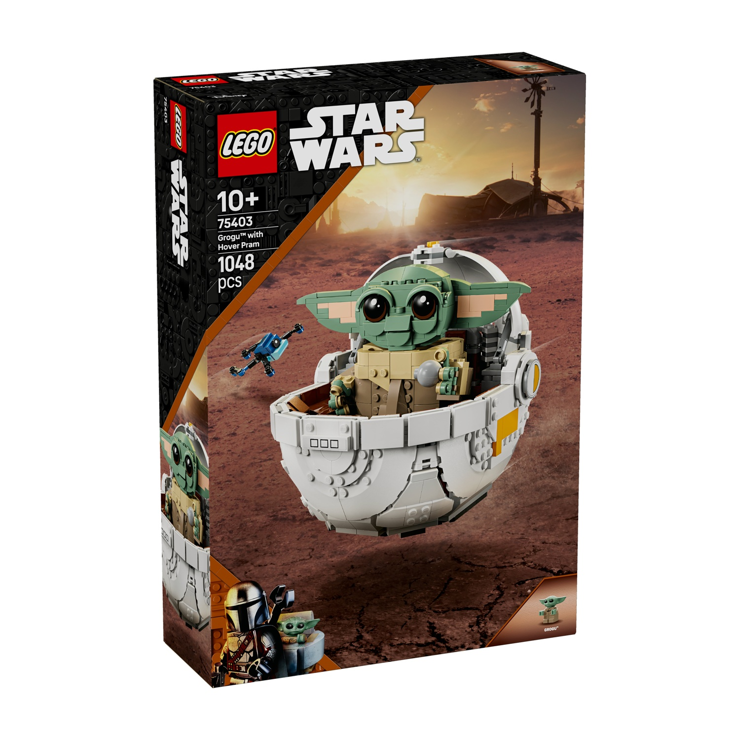 Scatola del set Lego Star Wars Grogu con Hover Pram. Presenta Grogu nel suo passeggino e una piccola nave sullo sfondo desertico.