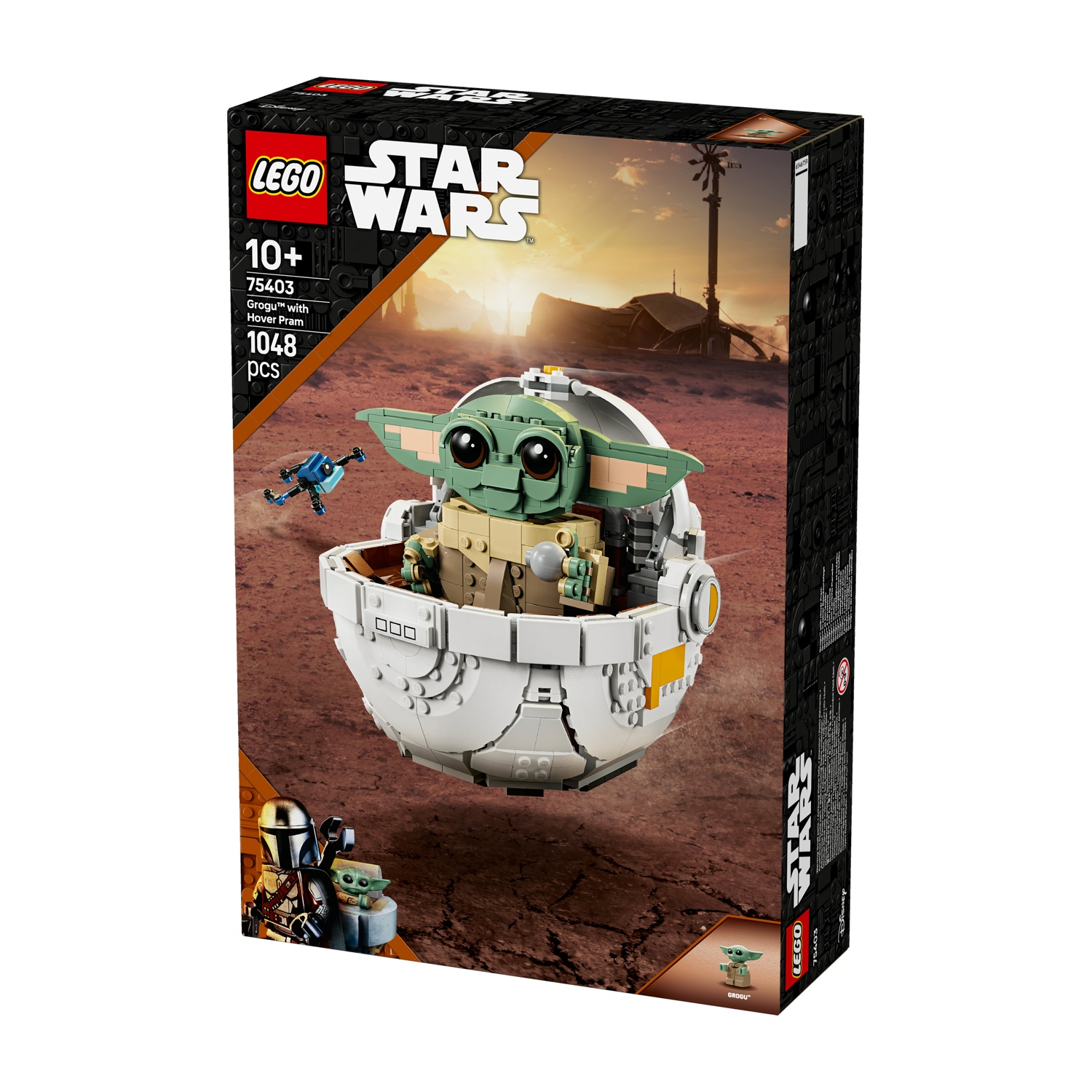 Set LEGO Star Wars con Grogu in un passeggino volante. La scatola mostra il modello con sfondo desertico e il Mandaloriano.