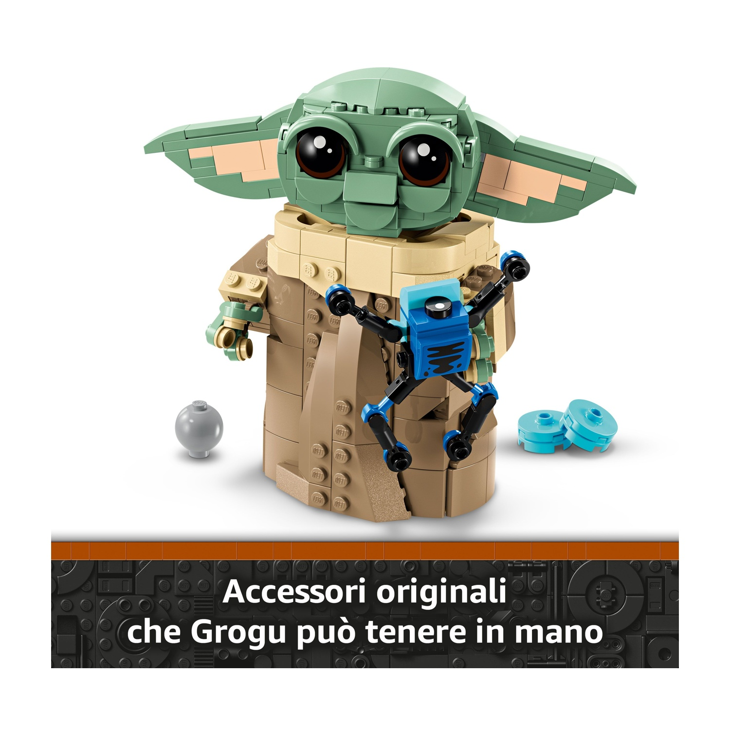 Figura Lego di Grogu con un robot giocattolo blu e nero e accessori. Testo: "Accessori che Grogu può tenere in mano."