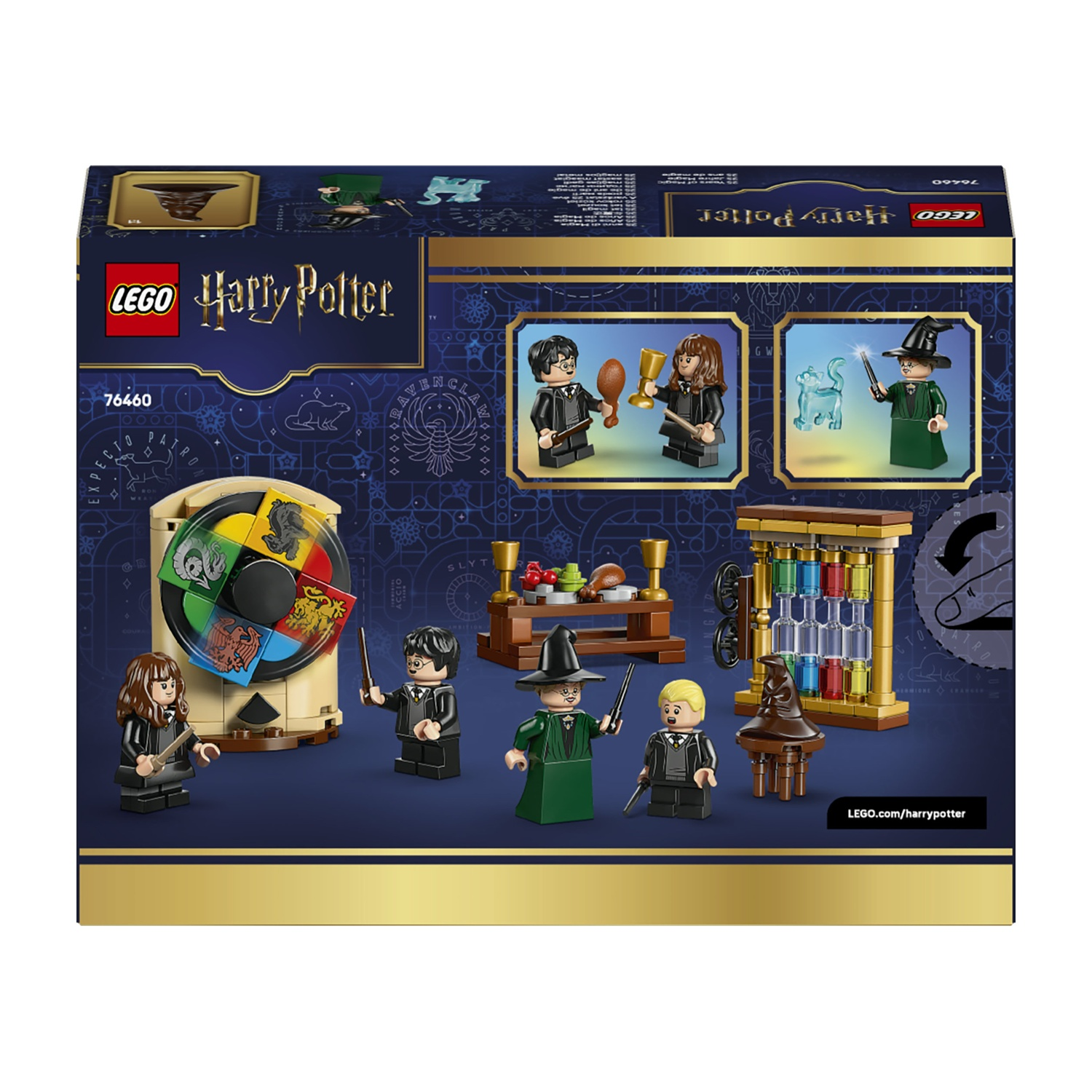 Scatola del set Lego Harry Potter. Include personaggi Lego, una ruota rotante con stemmi e vari oggetti di scena su sfondo blu scuro.