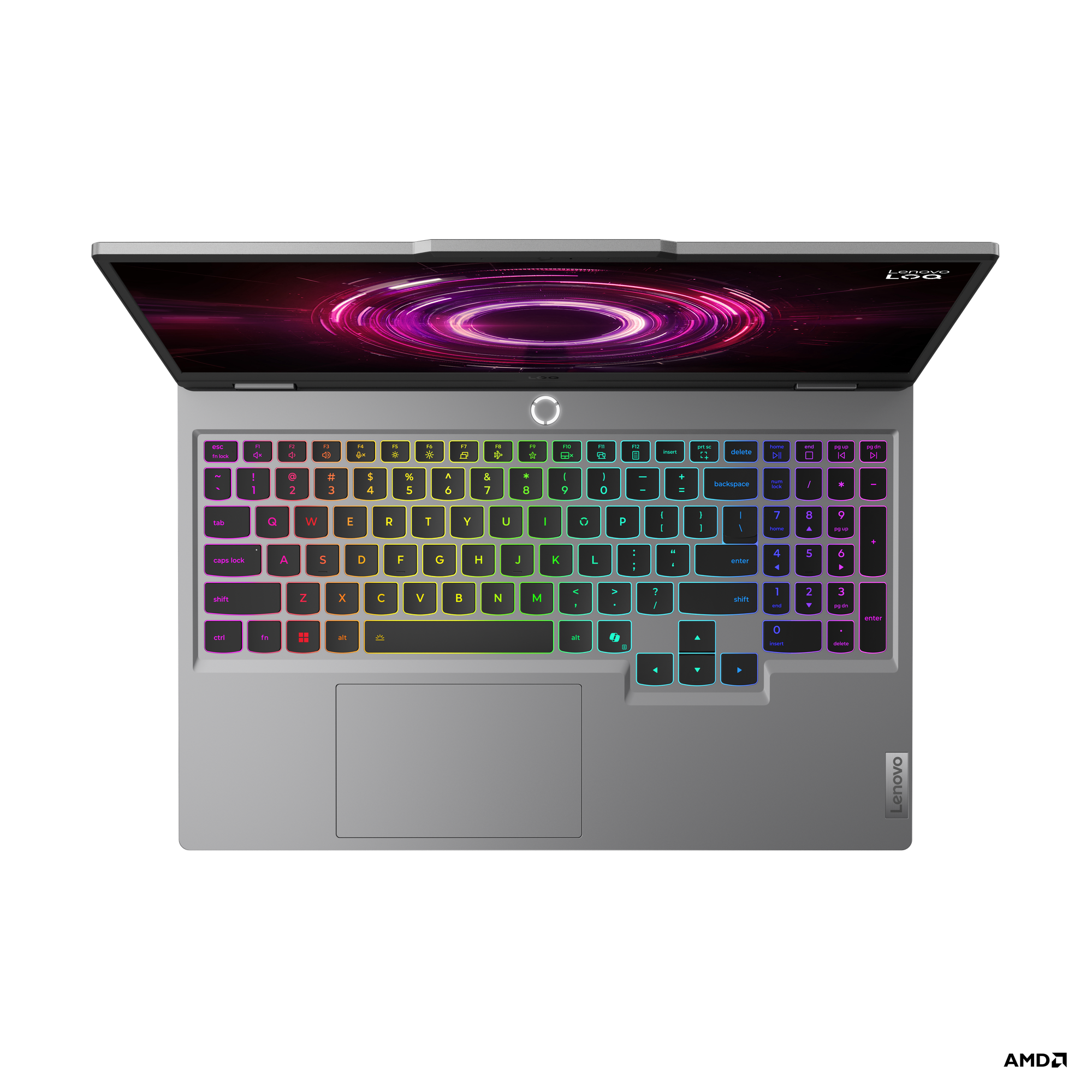 Renkli ışıklı klavyeli dizüstü bilgisayar. Ekranda mor ve pembe dairesel tasarım. Lenovo logosu görünür.