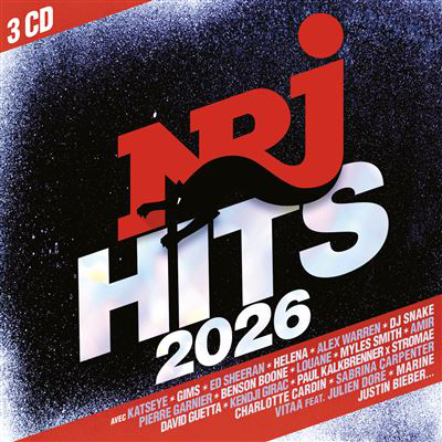 Pochette de CD pour NRJ Hits 2026. Comprend le logo NRJ, une silhouette de kangourou et des noms d'artistes. Fond noir avec texte rouge et blanc.