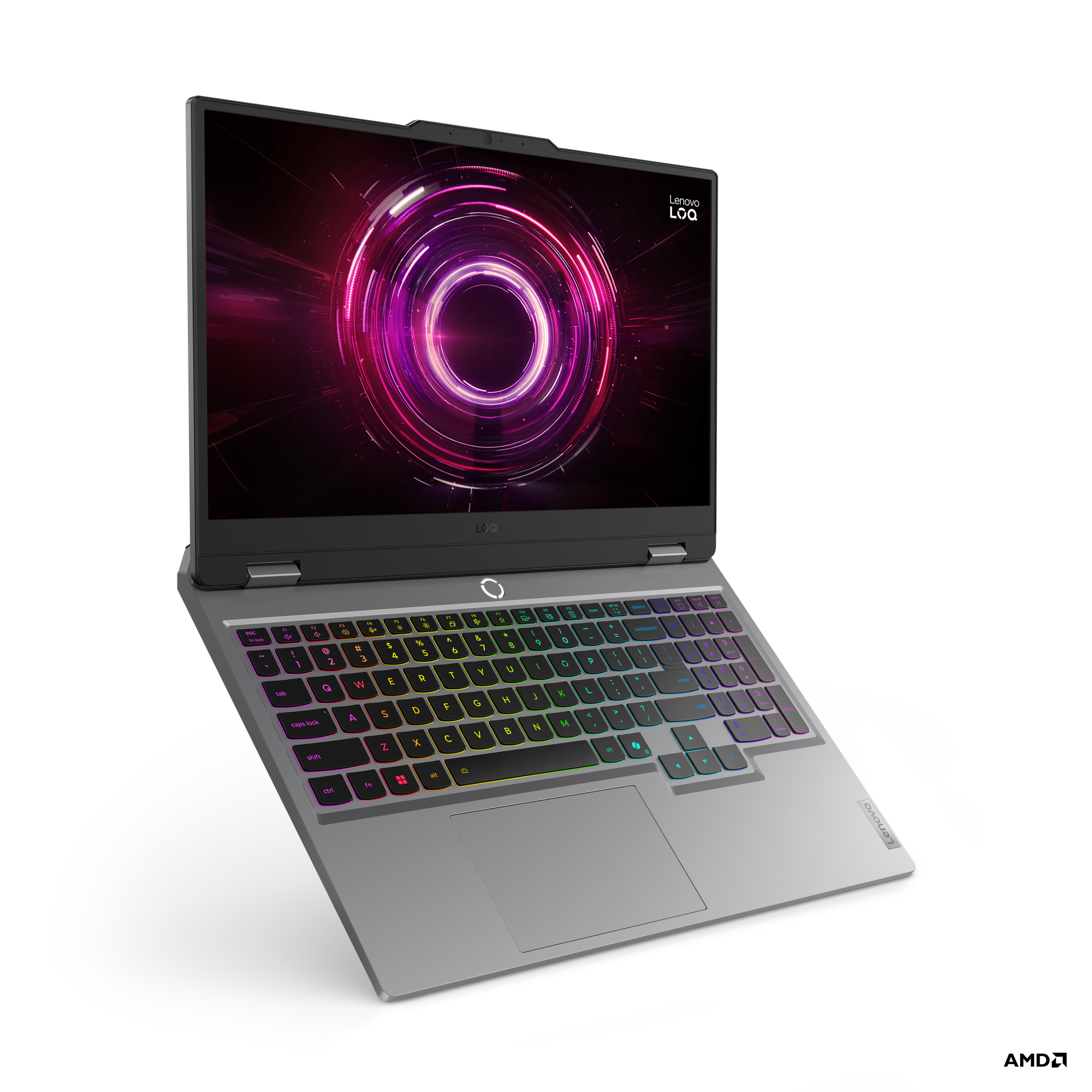 Siyah arka plan üzerinde bir Lenovo LOQ dizüstü bilgisayar. Ekran, renkli soyut bir tasarım görüntülüyor. Klavye arkadan aydınlatmalı.
