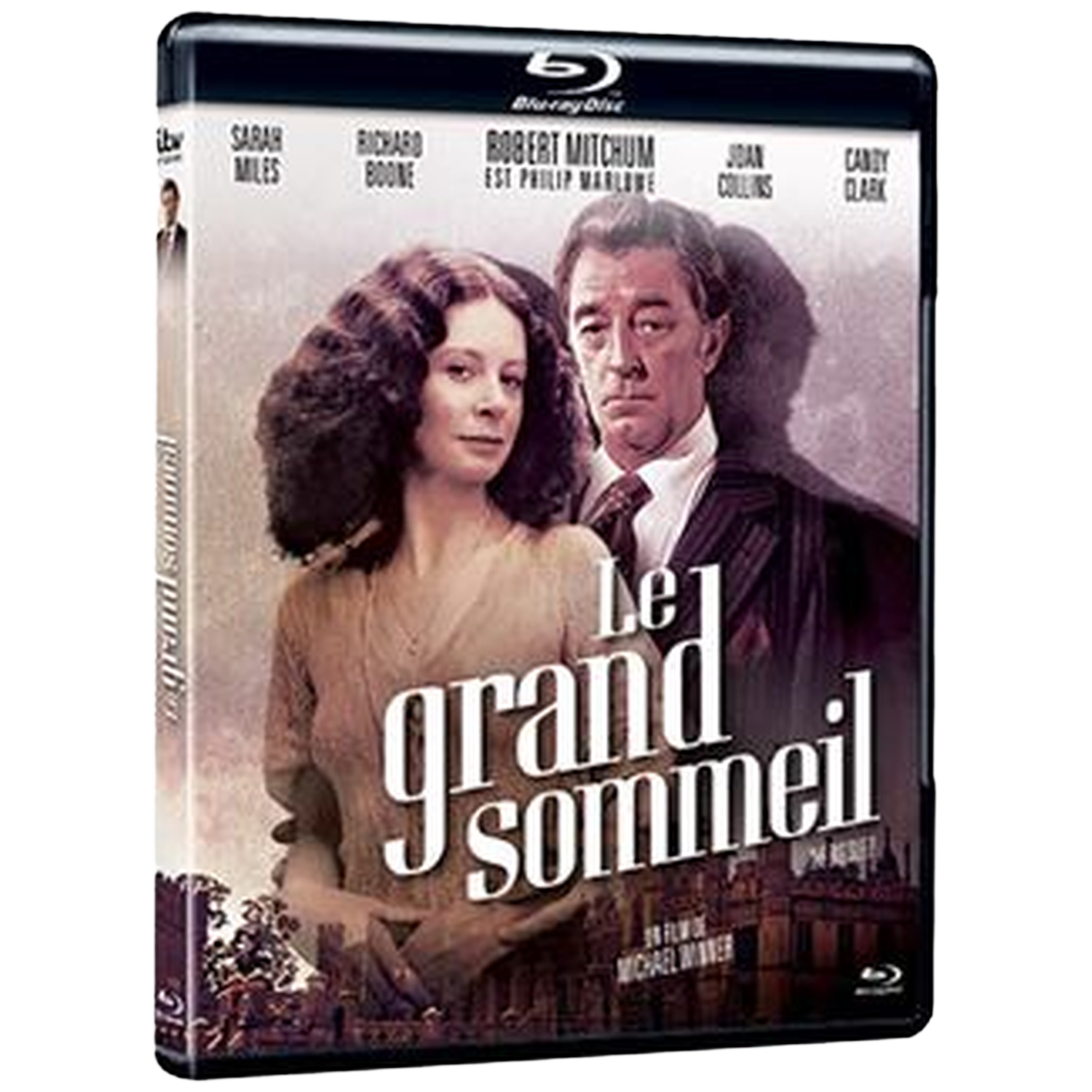 Couverture Blu-ray du film "Le Grand Sommeil". Présente les acteurs Sarah Miles, Robert Mitchum. Titre en grande police blanche.