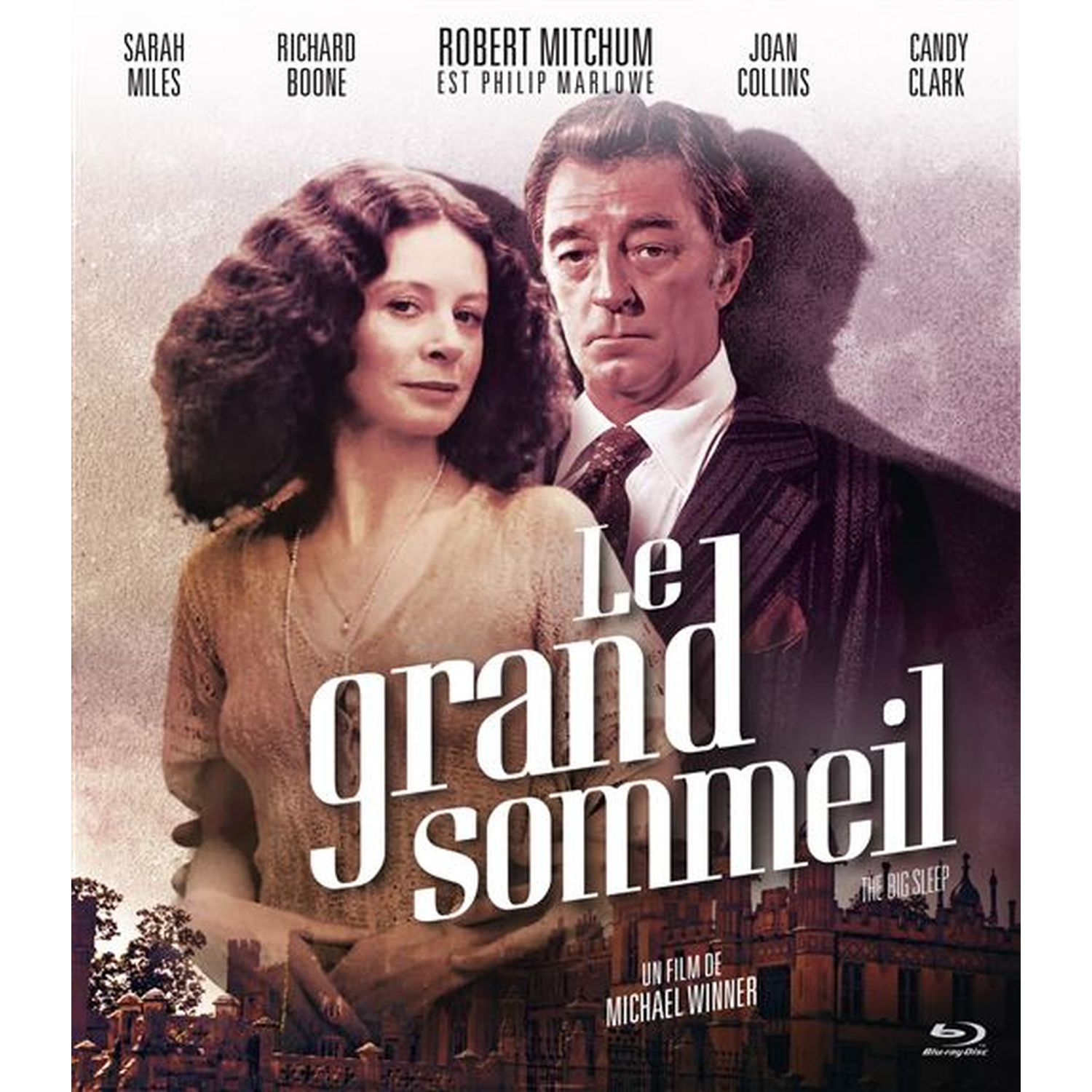 Affiche du film Le Grand Sommeil. Les acteurs Sarah Miles et Robert Mitchum sont au premier plan. The Big Sleep est en arrière-plan.