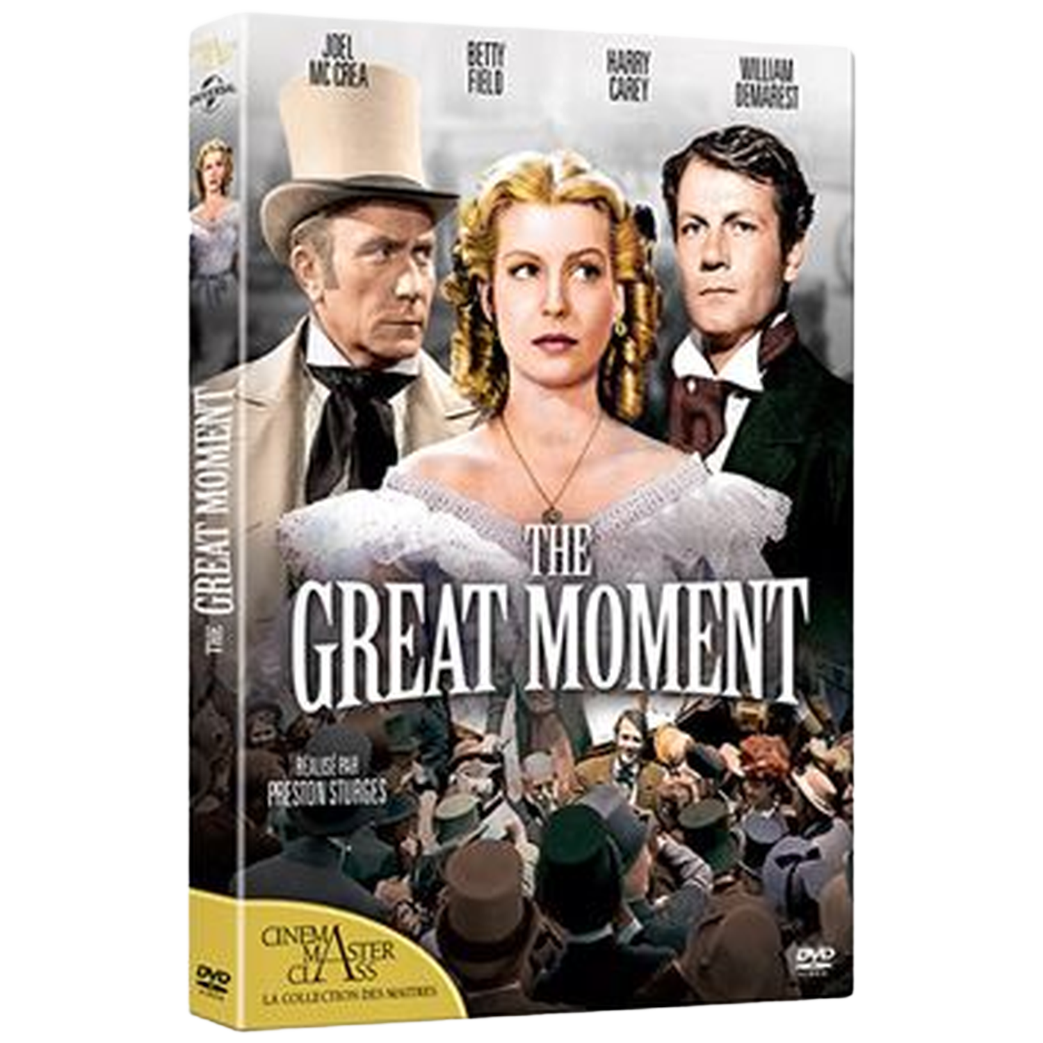 DVD-hoes voor 'The Great Moment' met acteurs Joel McCrea, Betty Field en Harry Carey. Een menigte op de achtergrond.