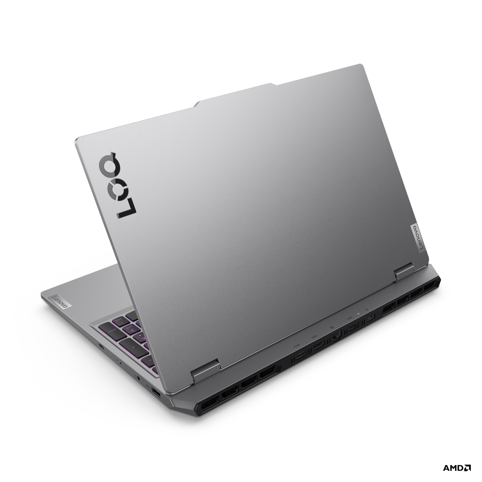 Siyah bir arka plan üzerinde açık gümüş bir Lenovo Legion dizüstü bilgisayar. Klavye görünür.