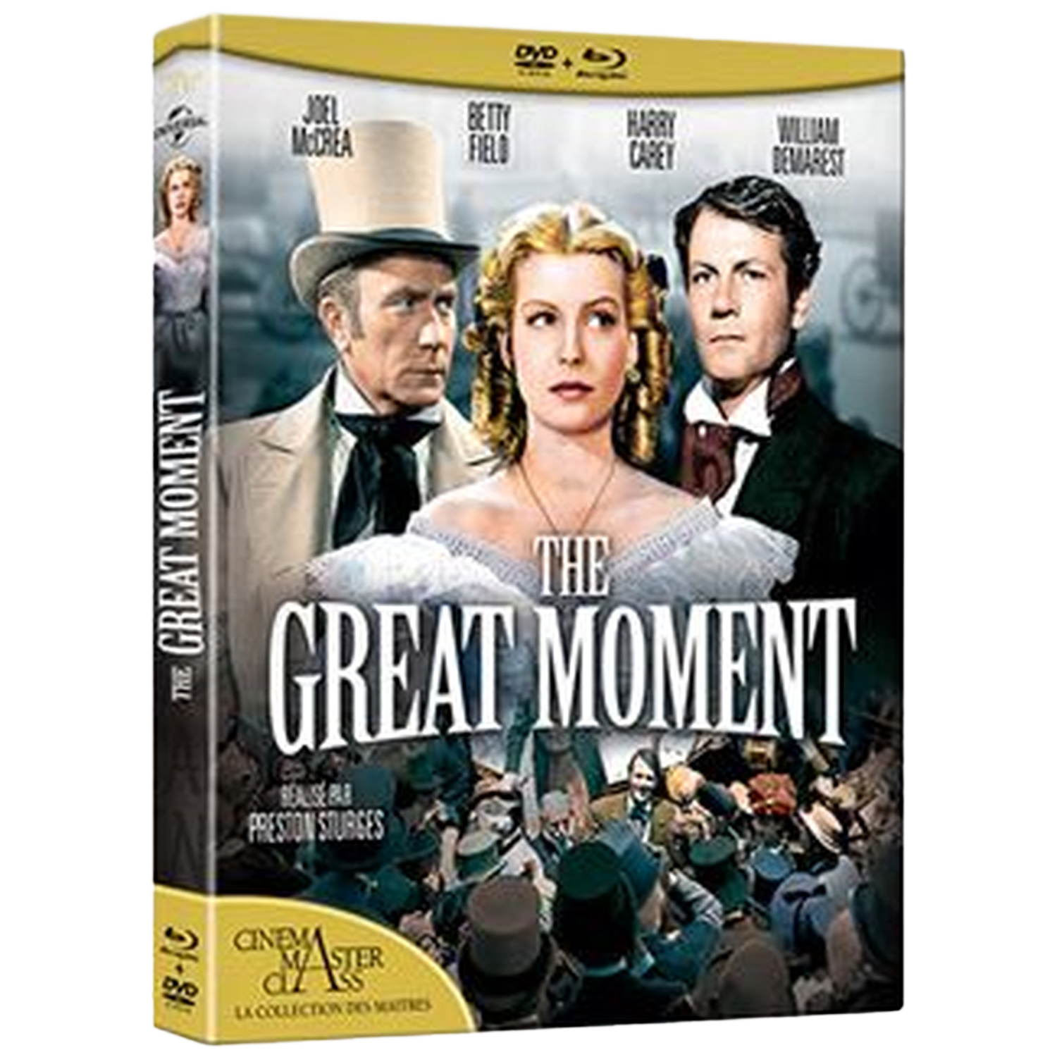 Couverture DVD de 'The Great Moment' avec Joel McCrea, Betty Field et Harry Carey. Une foule est en arrière-plan.