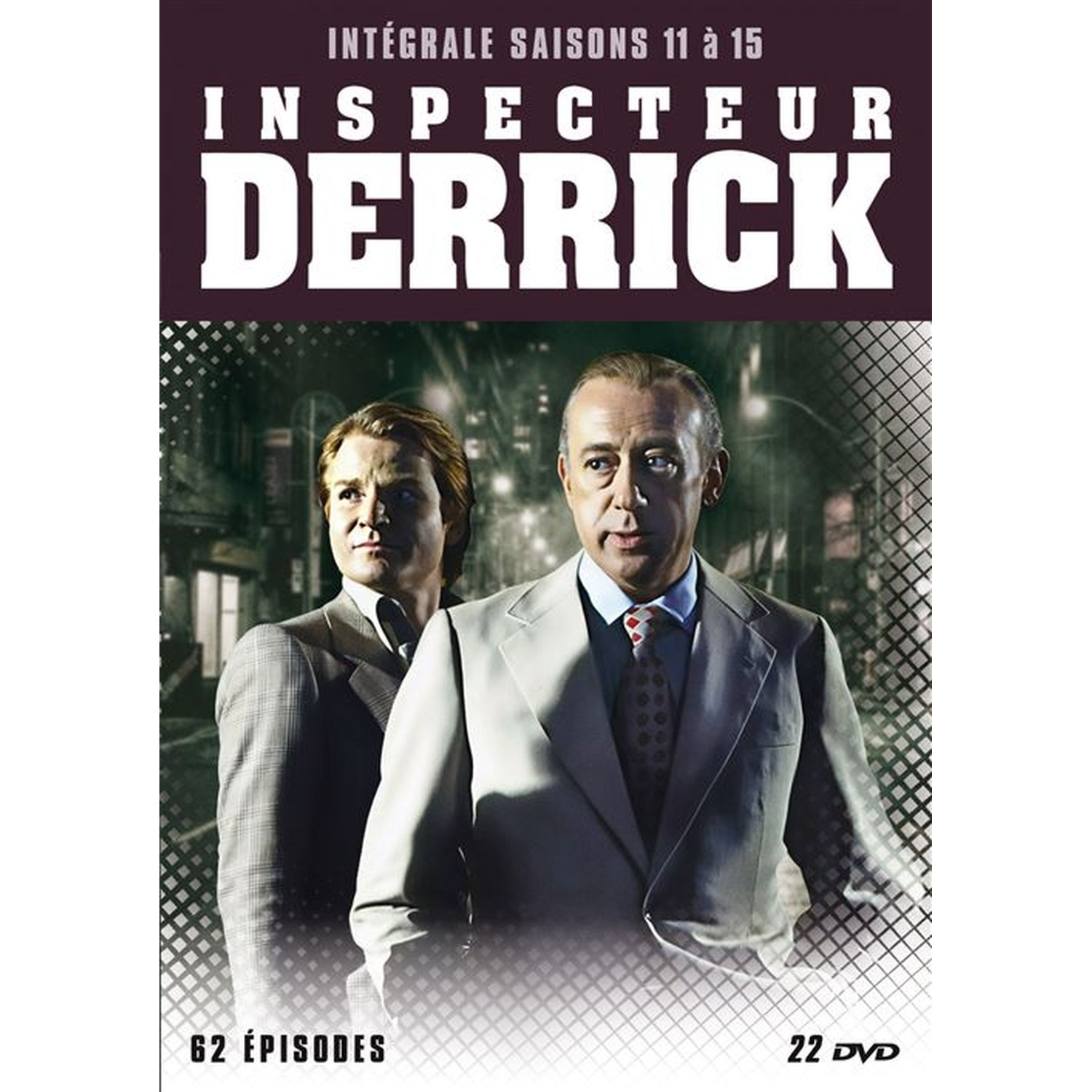 DVD cover. Two men in suits, Inspector Derrick, title at the top. Background shows a city street. Text includes '62 Episodes' and '22 DVD'.