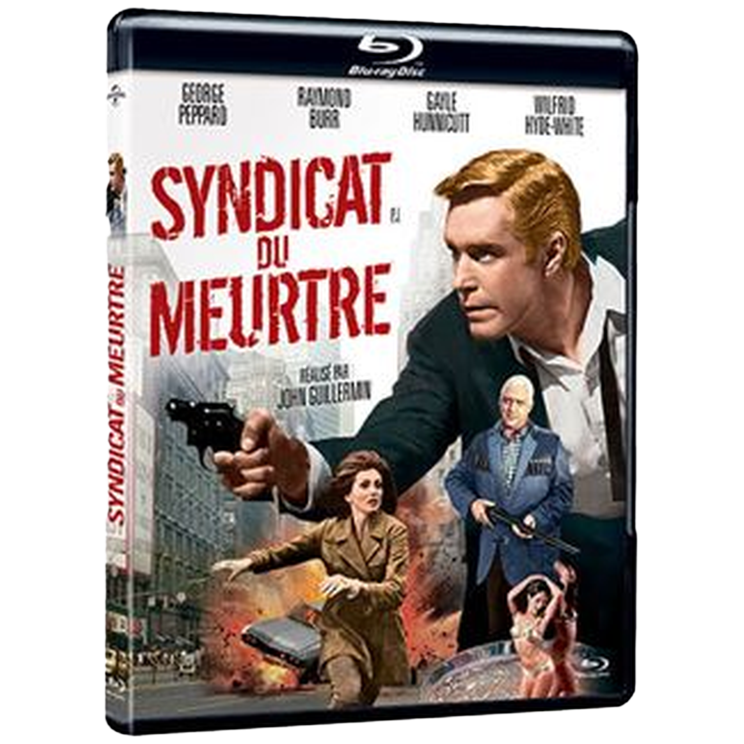 Blu-ray-hoes: Syndicate of Murder. Een man met een pistool, een vrouw die rent, andere acteurs en een stadsachtergrond.