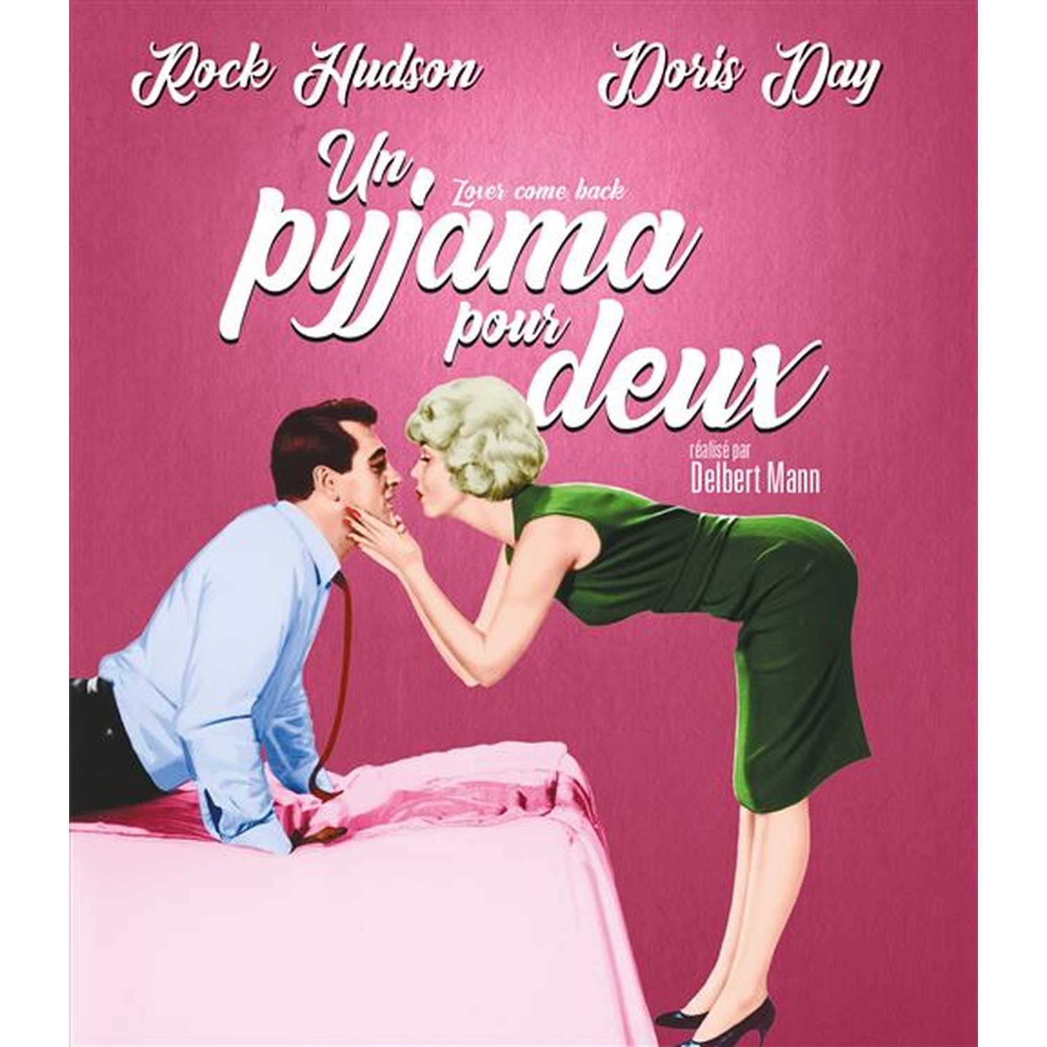 Affiche de film: Rock Hudson et Doris Day. Une femme touche le visage d'un homme au-dessus d'un lit. Texte: Un pyjama pour deux.