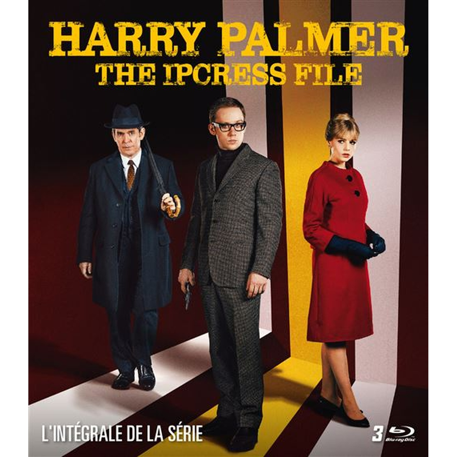 Poster for "Harry Palmer: The Ipcress File". Three people in vintage clothing stand against a striped background. Text at top and bottom.