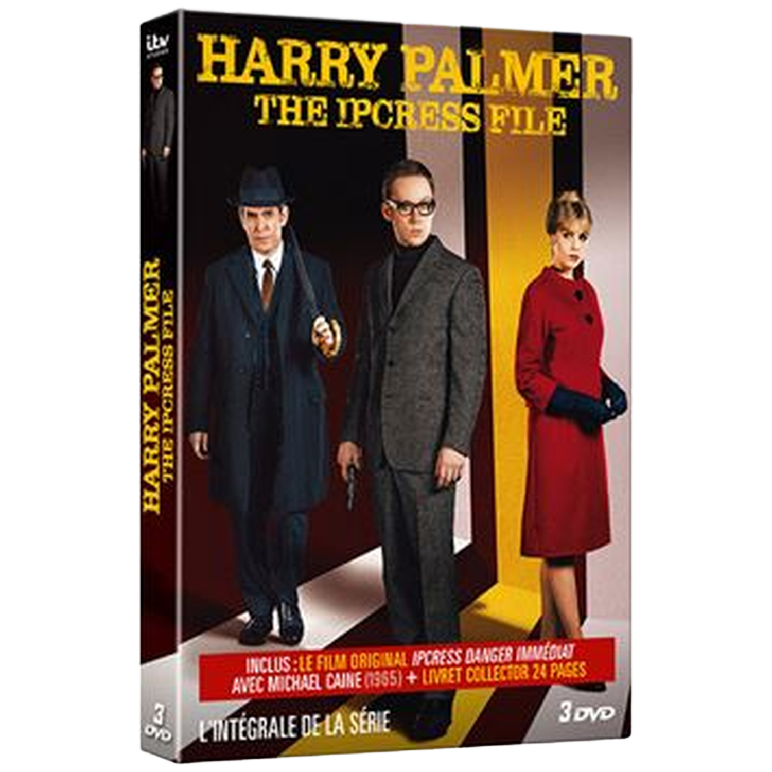 DVD-hoes. Drie mensen in pakken staan op een filmposter. Tekst: "Harry Palmer The Ipcress File".