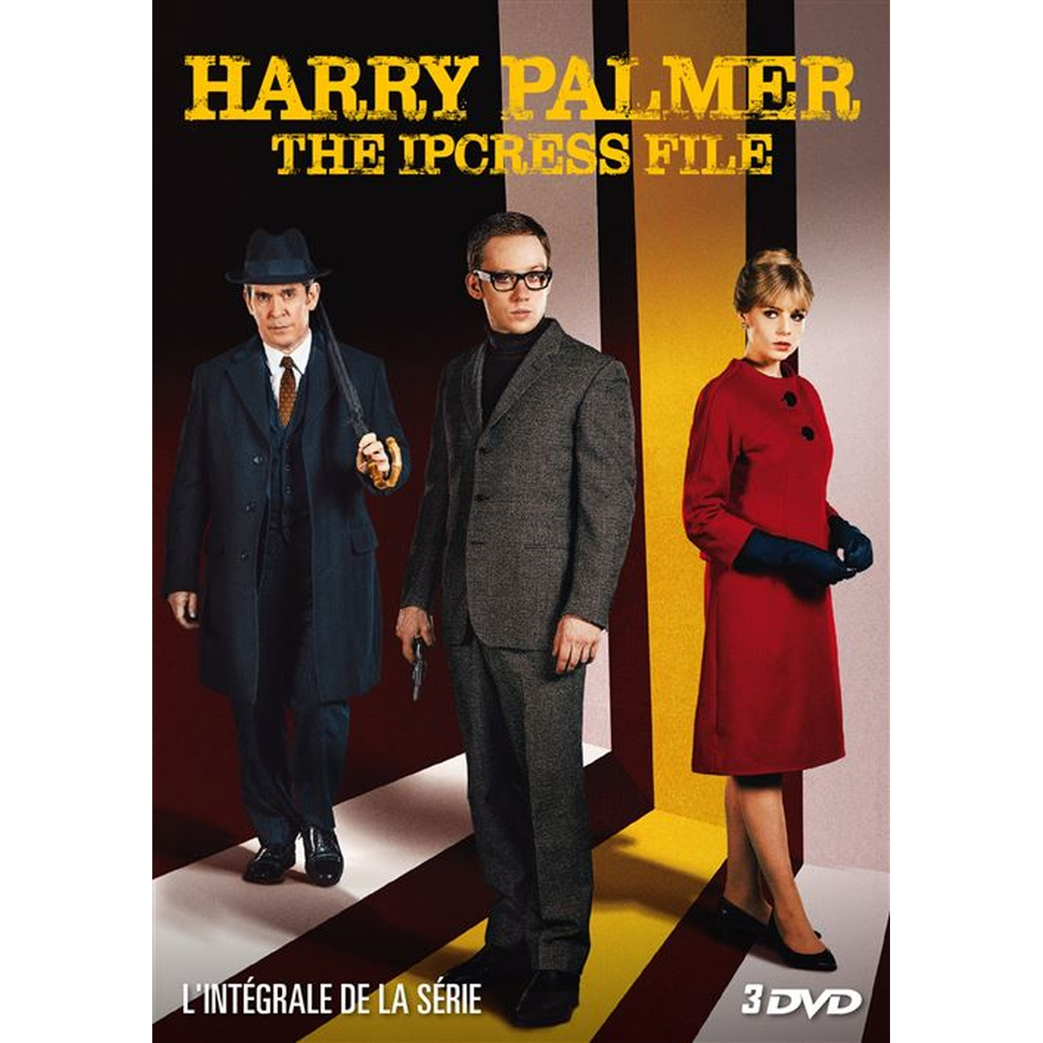 DVD-hoes. Drie mensen staan. De titel is 'Harry Palmer The Ipcress File'. Een man houdt een paraplu vast. Een vrouw draagt rood.