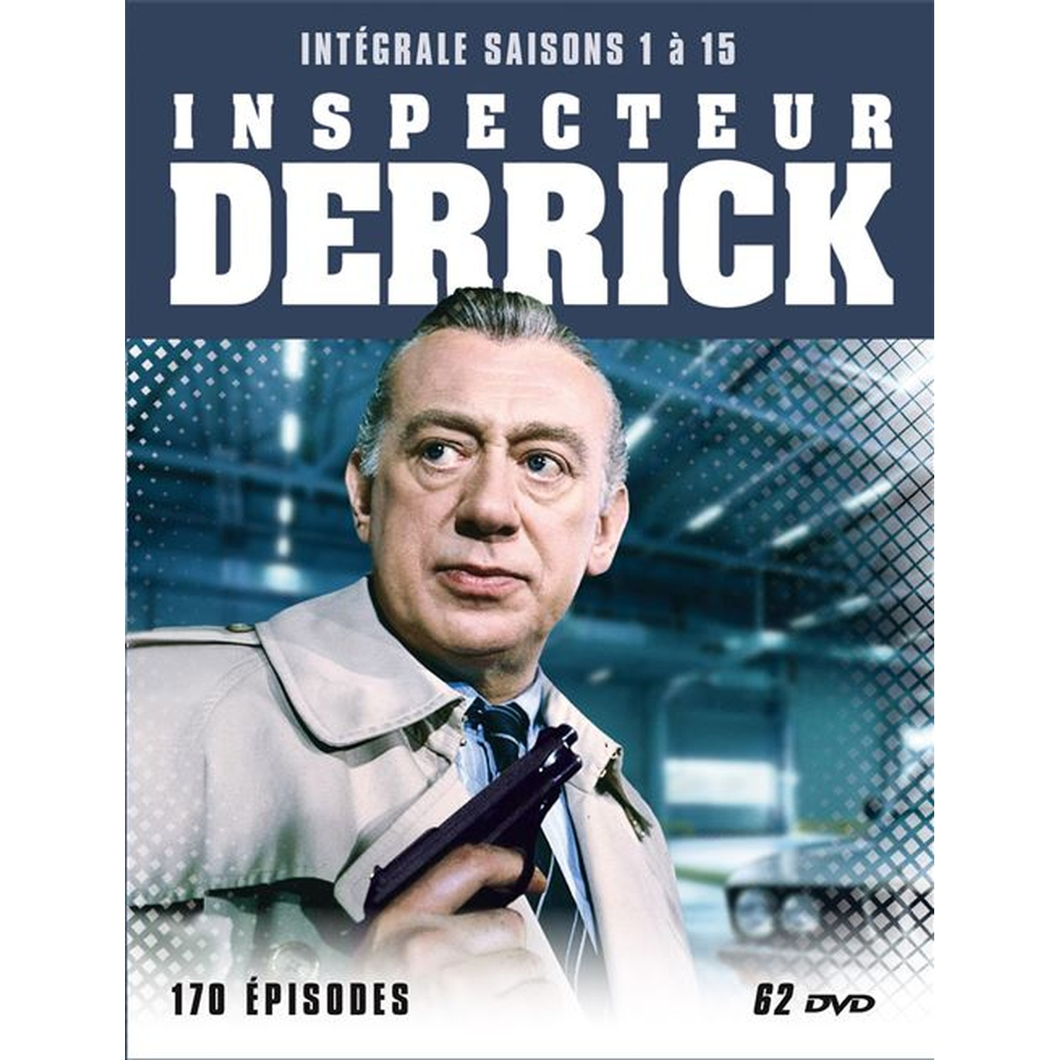 DVD cover. A man in a trench coat holds a gun. Title: Inspecteur Derrick. Background: dark blue and a car.