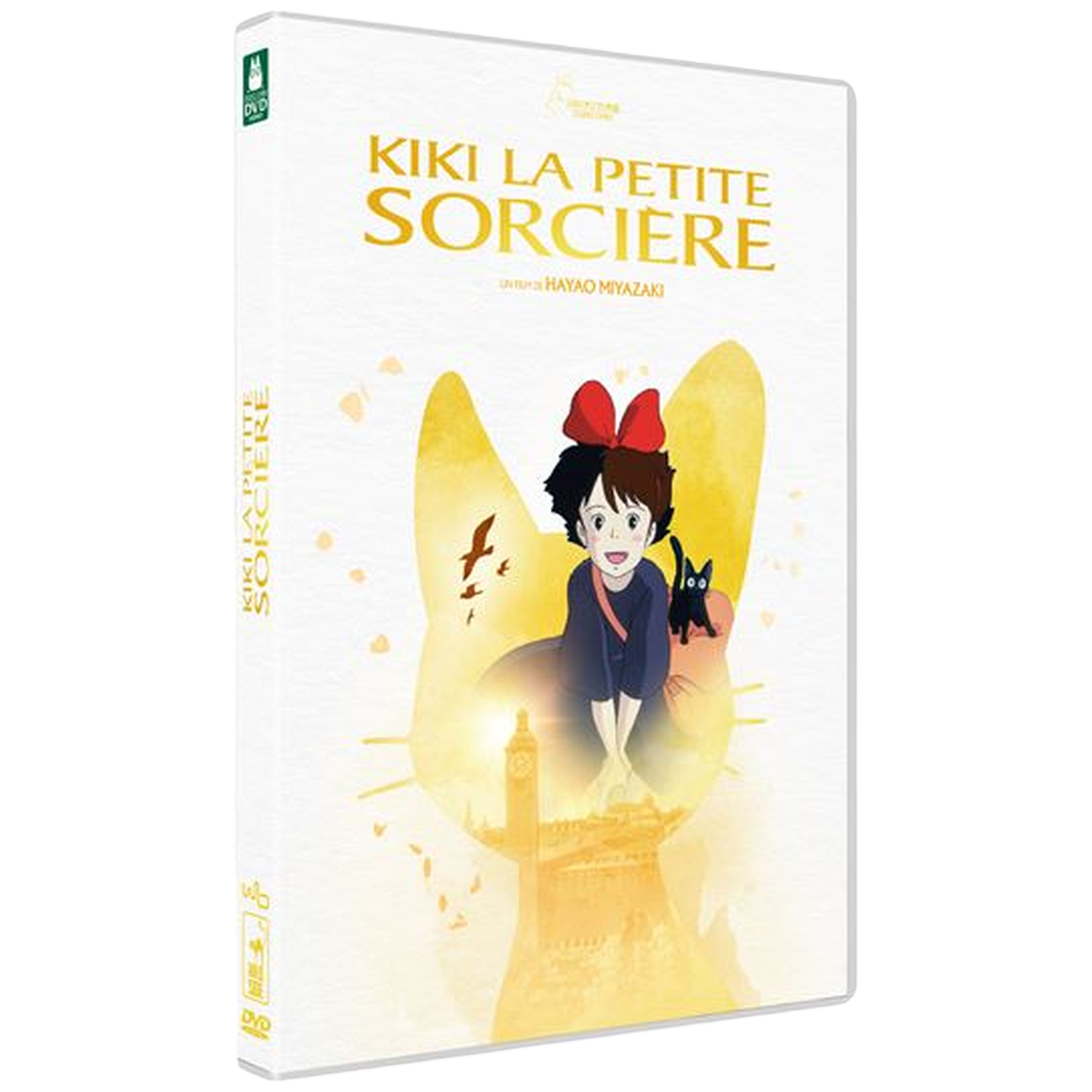 Couverture DVD. Kiki, avec un nœud rouge et un chat noir sur fond doré. Titre : Kiki la petite sorcière. Tour en arrière-plan.