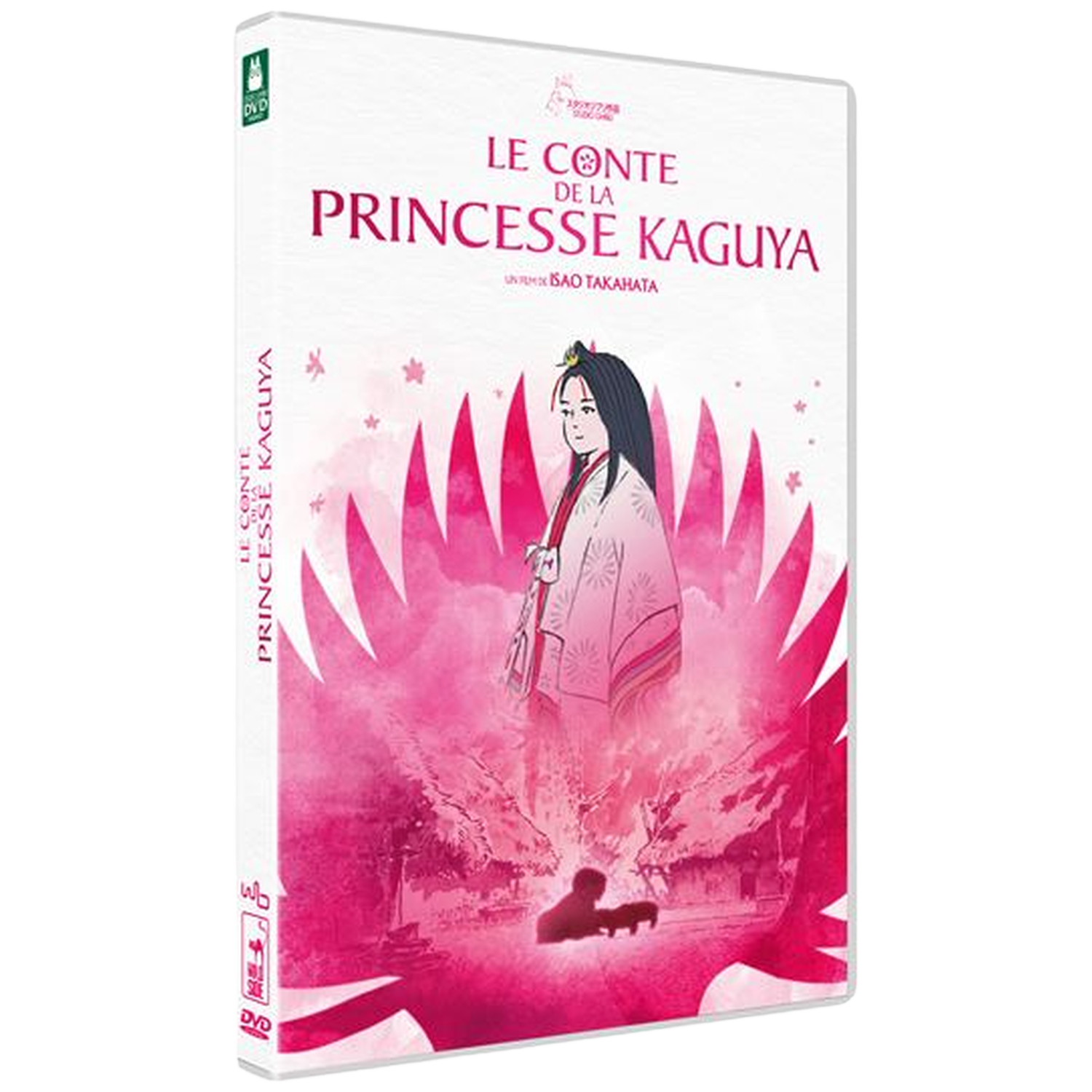 DVD-hoes voor 'Le Conte de la Princesse Kaguya'. Het heeft een roze illustratie van een vrouw in traditionele kleding en tekst.