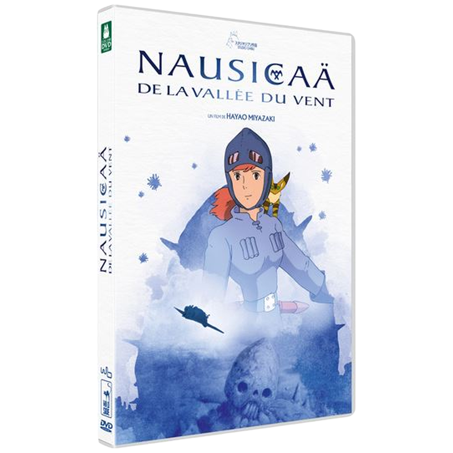 DVD-hoes voor 'Nausicaä van de Windvallei'. Een vrouw met rood haar en een helm wordt afgebeeld, met tekst en een vliegmachine.