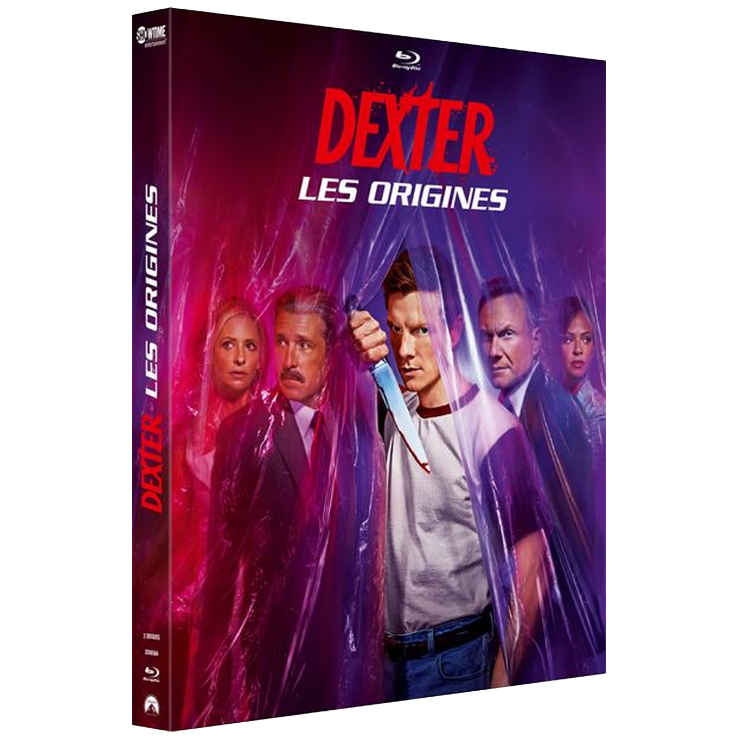 Dexter Blu-ray-hoes. Dexter houdt een mes vast. Anderen staan achter plastic. De tekst luidt Dexter Les Origines.