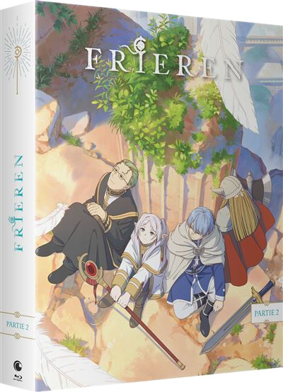 Illustration de coffret animé. Quatre personnages assis, un avec des lunettes. Titre "Frieren". Fond avec verdure et pierre.