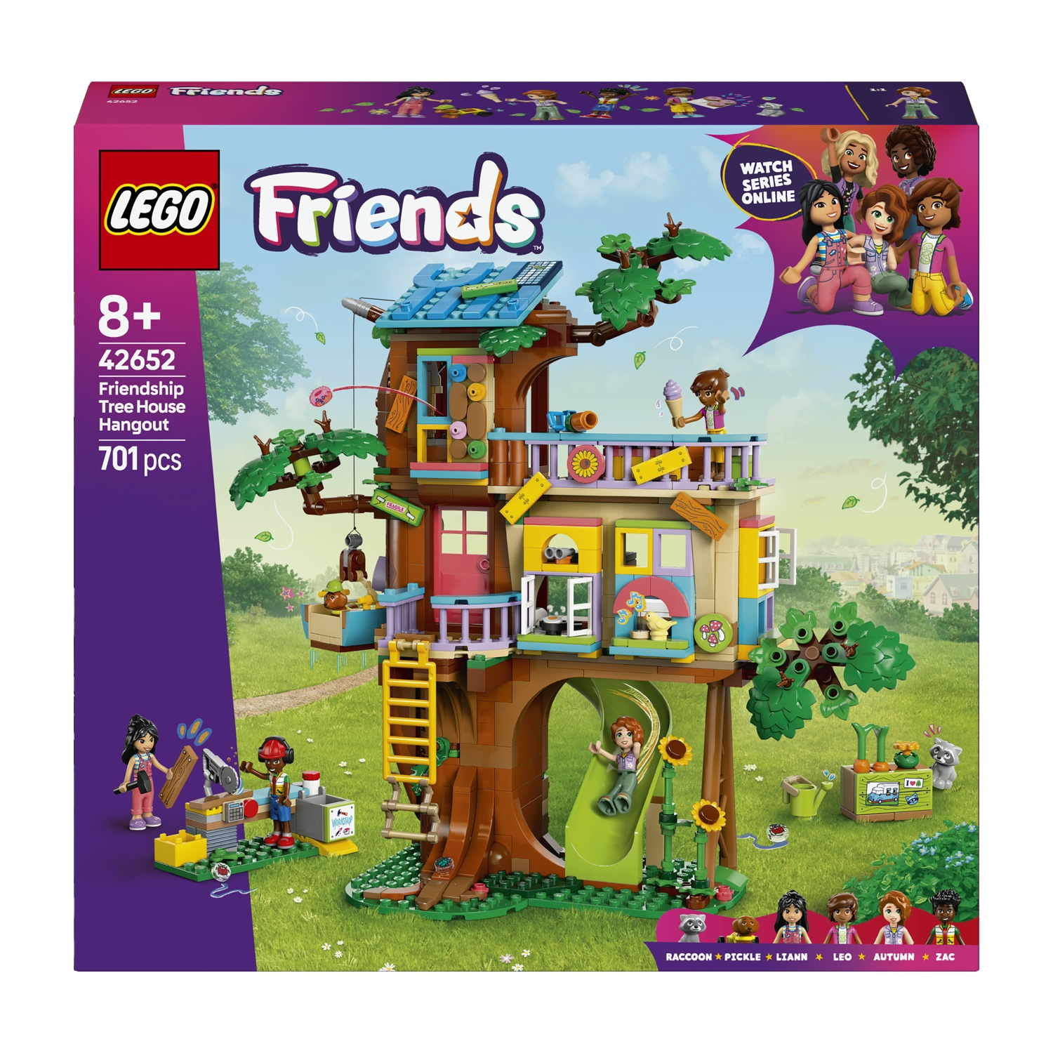 Set LEGO Friends casa sull'albero. Presenta una casa sull'albero a più livelli con scivolo, personaggi e accessori. Include 701 pezzi.