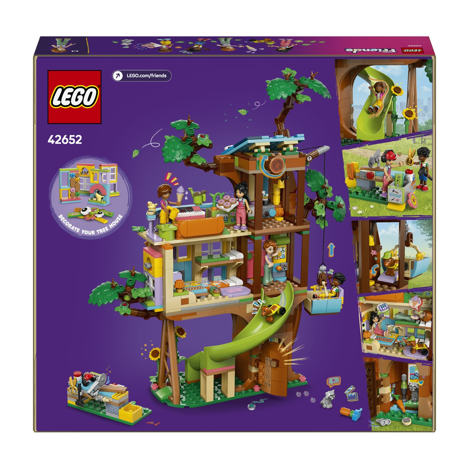 Scatola del set Lego Friends della casa sull'albero. Presenta una casa sull'albero a più livelli con uno scivolo.